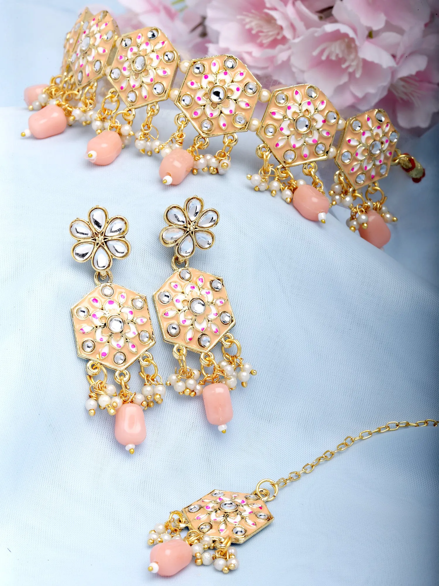Karatcart Women Gold Plated Peach Meena And Tumble Studded Kundan Necklace Set