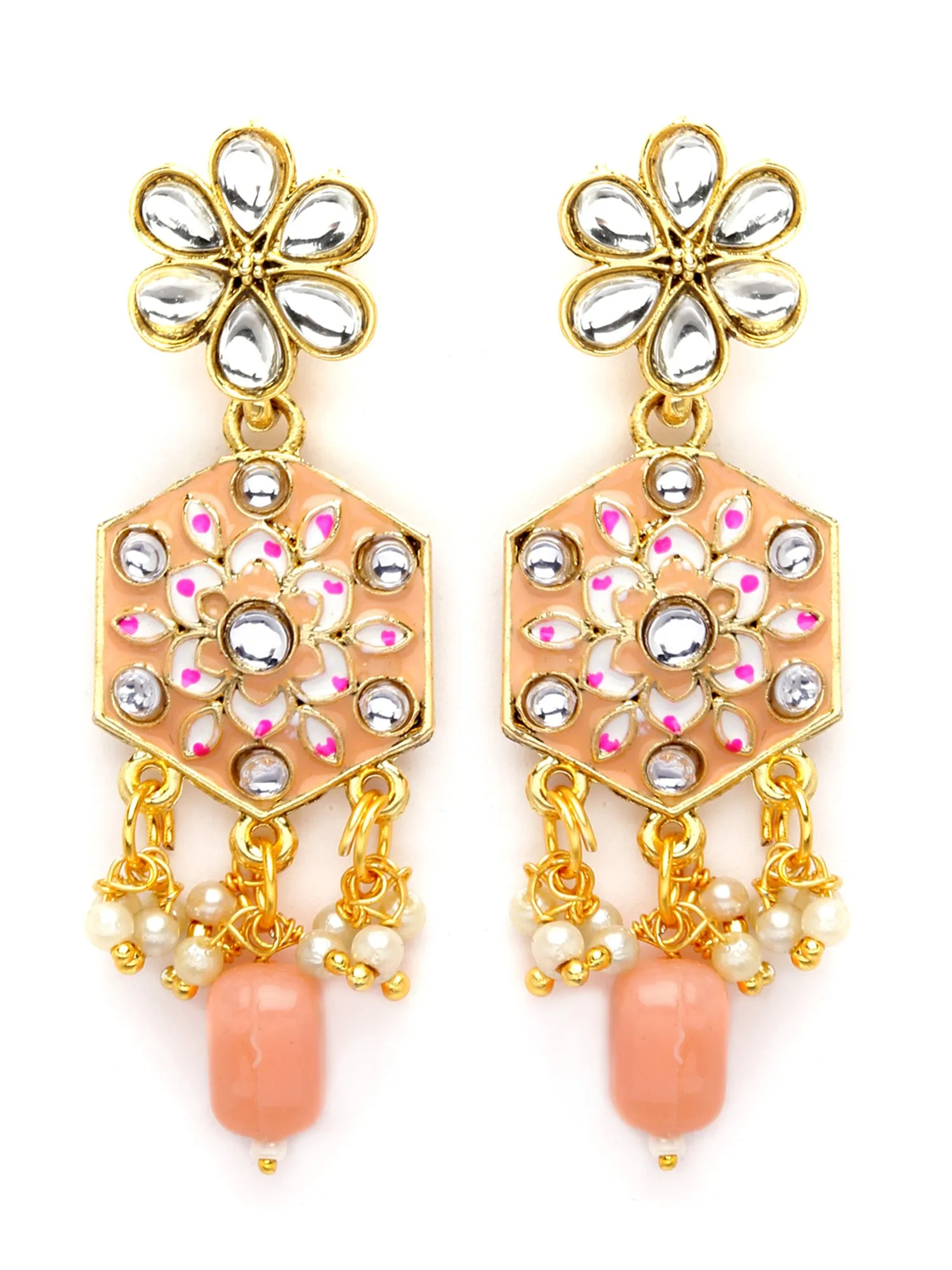 Karatcart Women Gold Plated Peach Meena And Tumble Studded Kundan Necklace Set