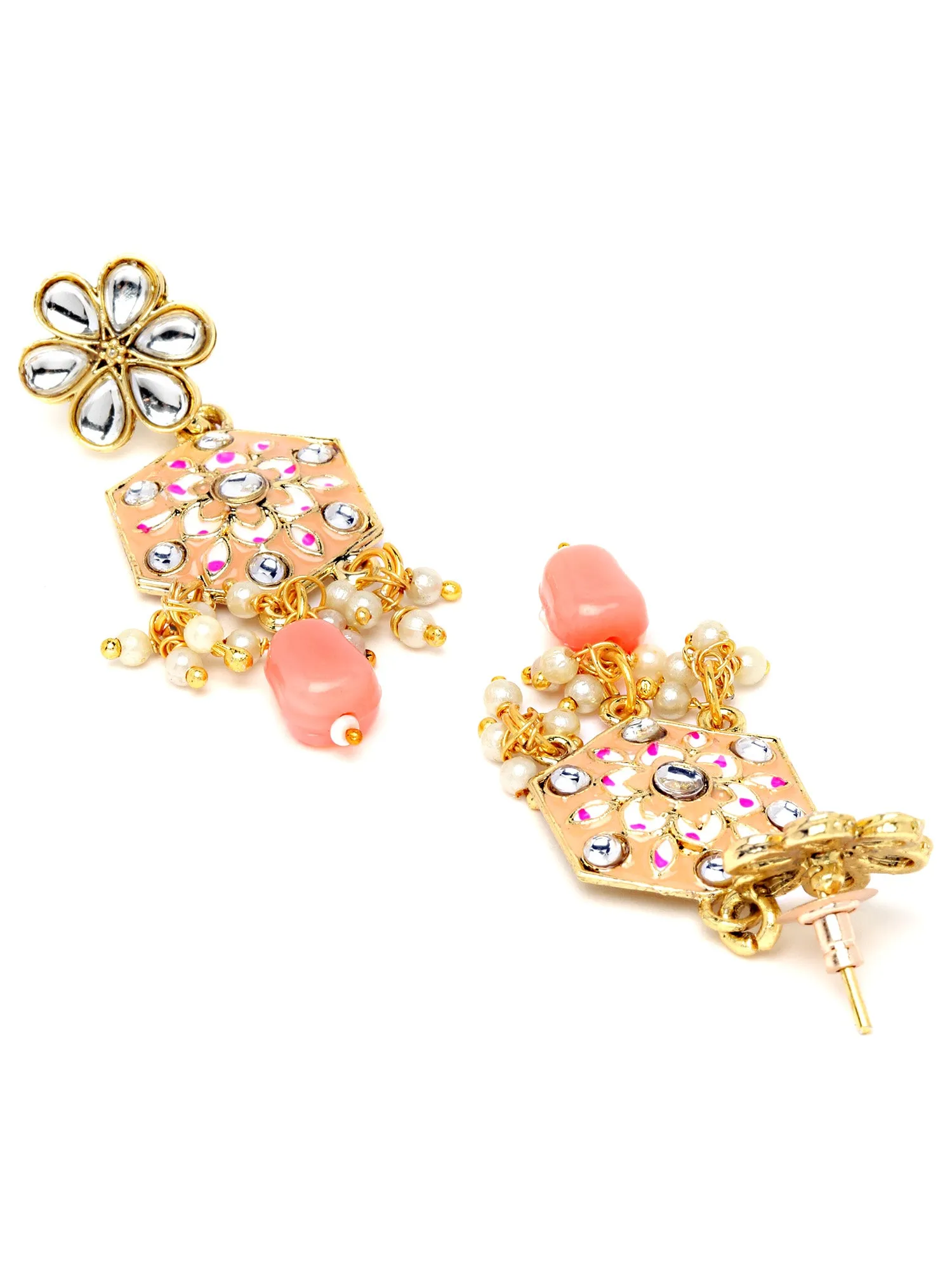 Karatcart Women Gold Plated Peach Meena And Tumble Studded Kundan Necklace Set
