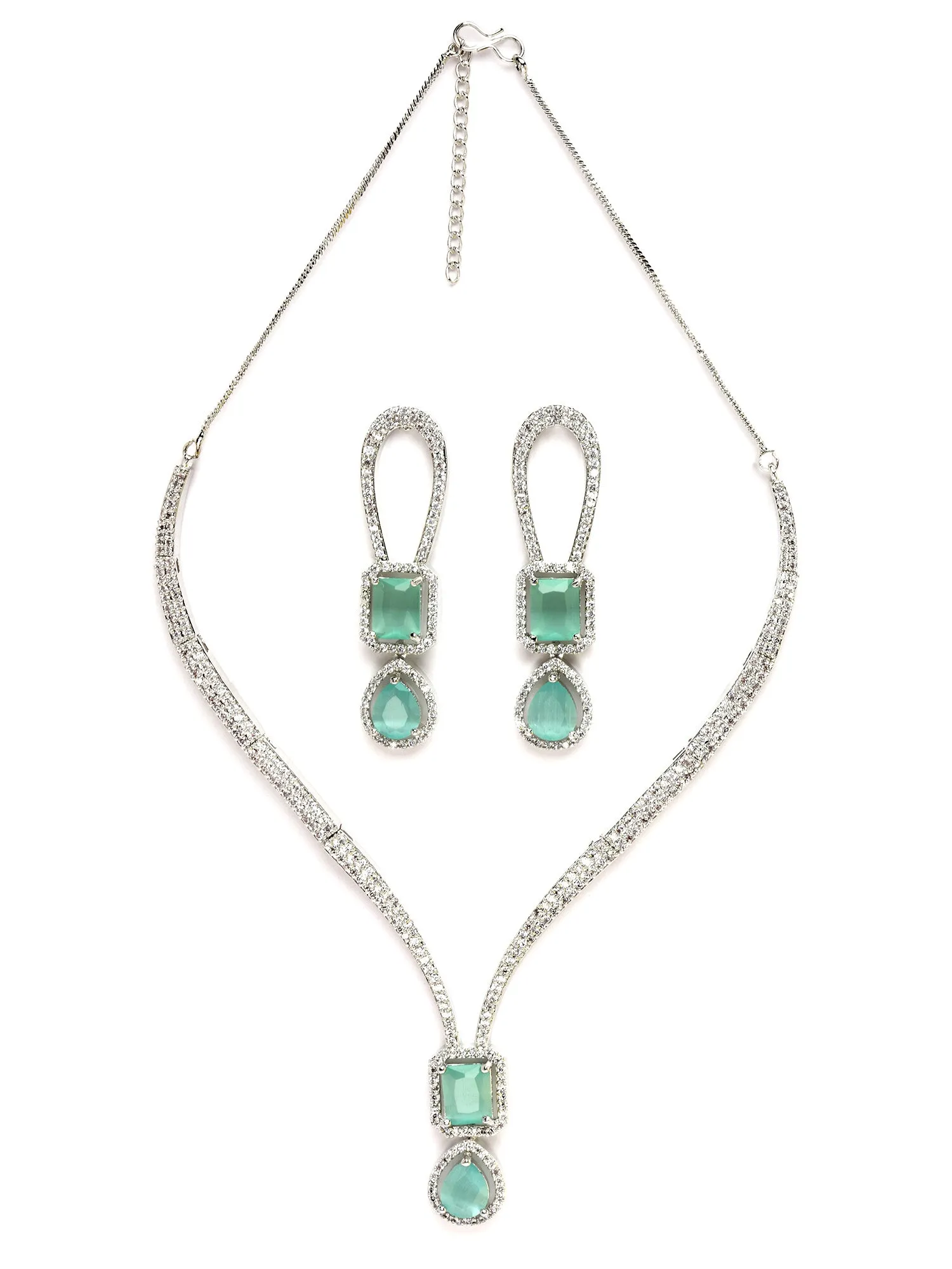 Karatcart Women Silver Plated Lime Green Cz Studded Necklace With Earrings