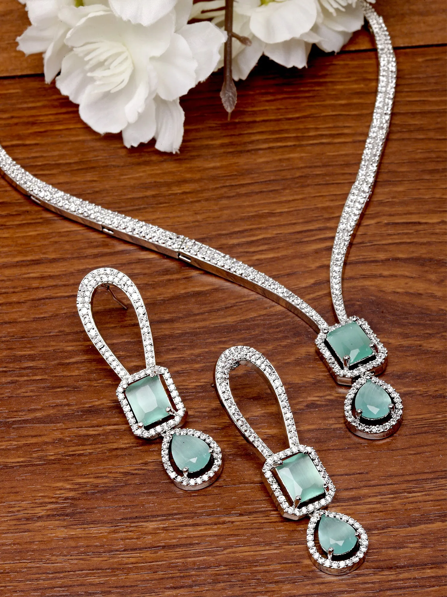 Karatcart Women Silver Plated Lime Green Cz Studded Necklace With Earrings