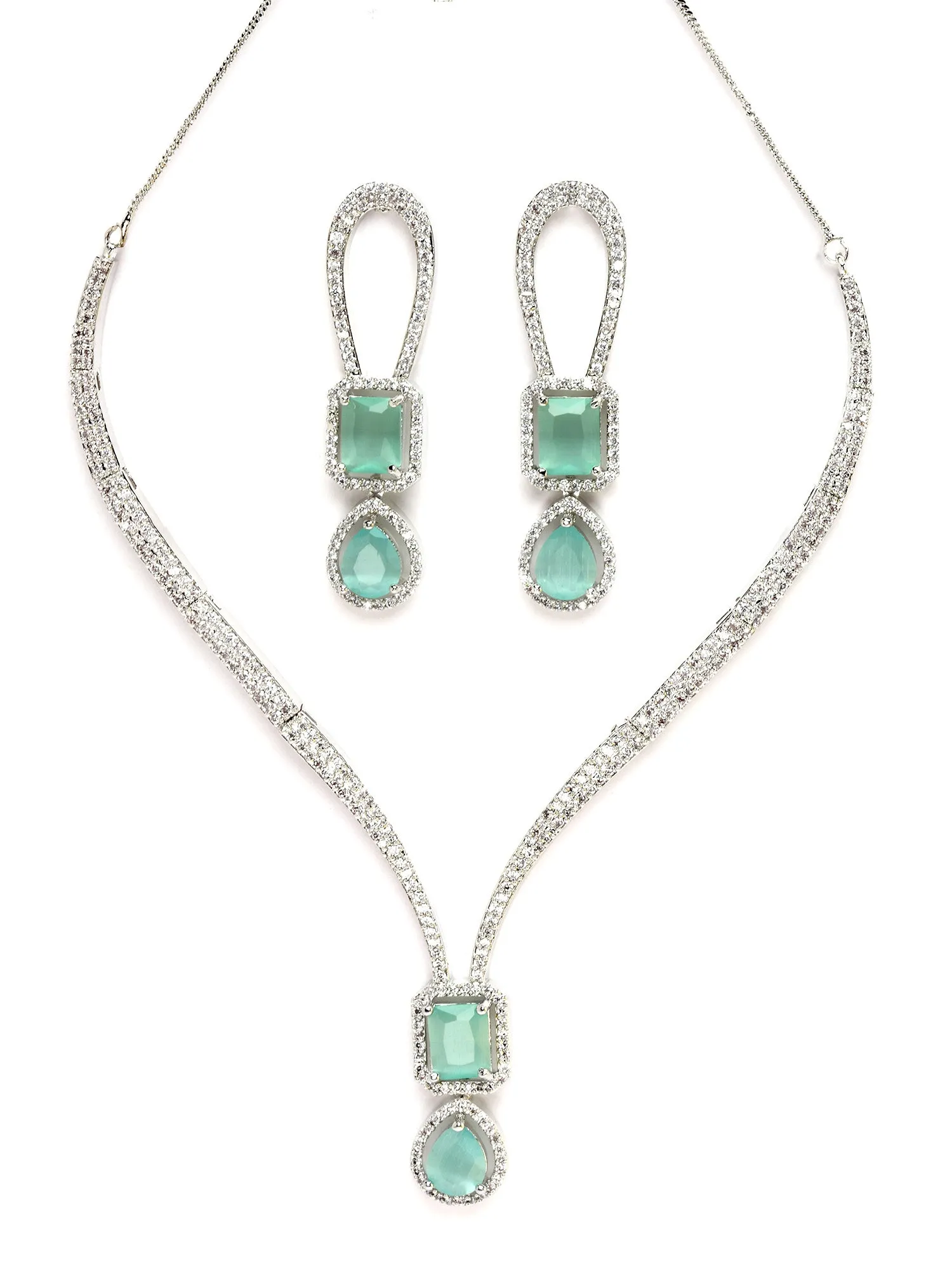 Karatcart Women Silver Plated Lime Green Cz Studded Necklace With Earrings