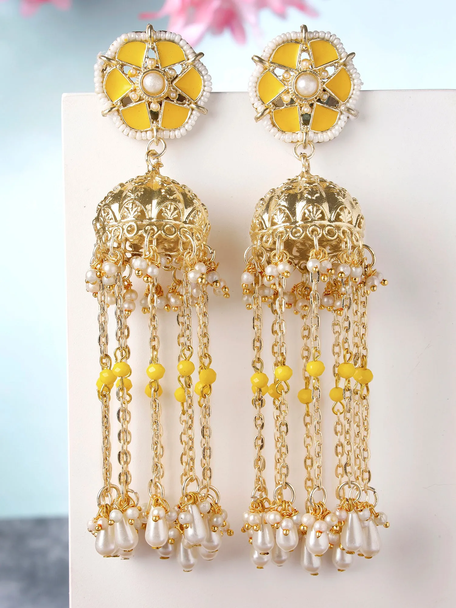 Karatcart Yellow Meena Gold Plated Kundan Pearl Tassel Chain Jhumki Earrings for Women