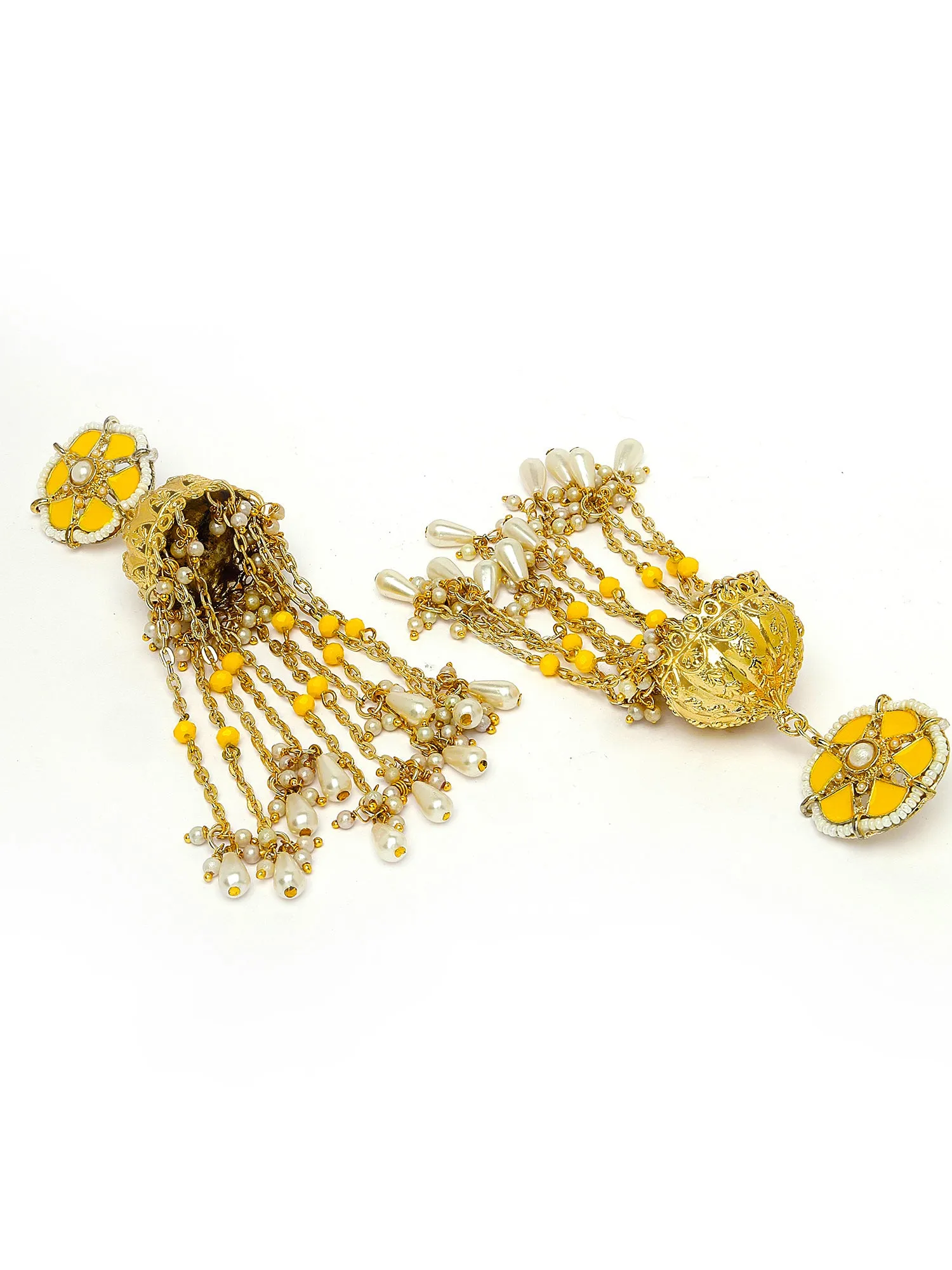 Karatcart Yellow Meena Gold Plated Kundan Pearl Tassel Chain Jhumki Earrings for Women
