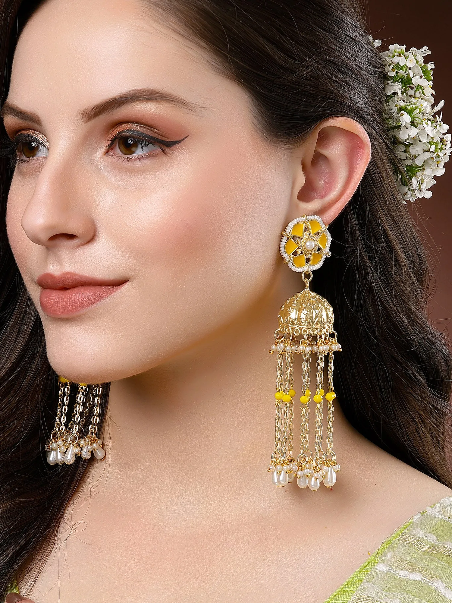 Karatcart Yellow Meena Gold Plated Kundan Pearl Tassel Chain Jhumki Earrings for Women
