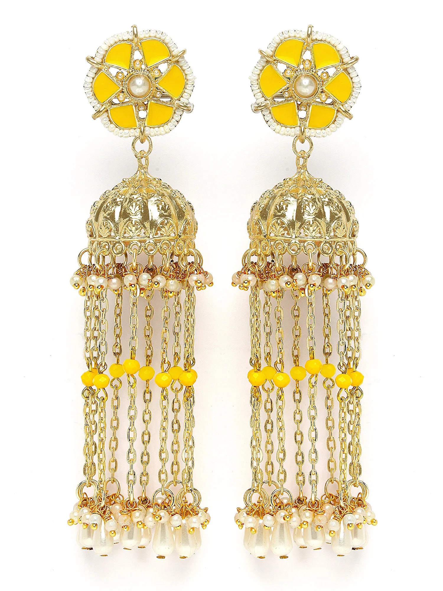 Karatcart Yellow Meena Gold Plated Kundan Pearl Tassel Chain Jhumki Earrings for Women
