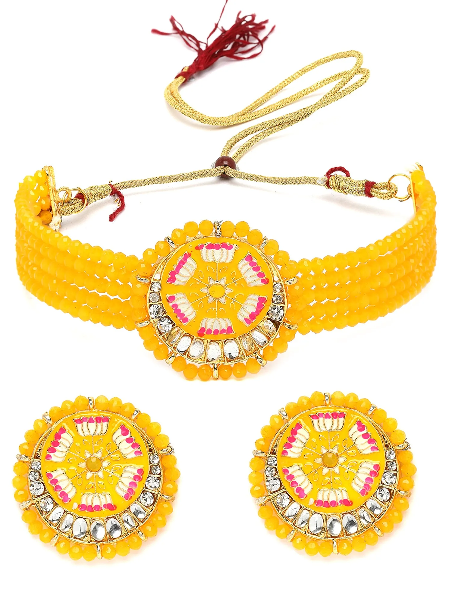 Karatcart Yellow Meena Lotus Design Crystal Choker Necklace Set for Women