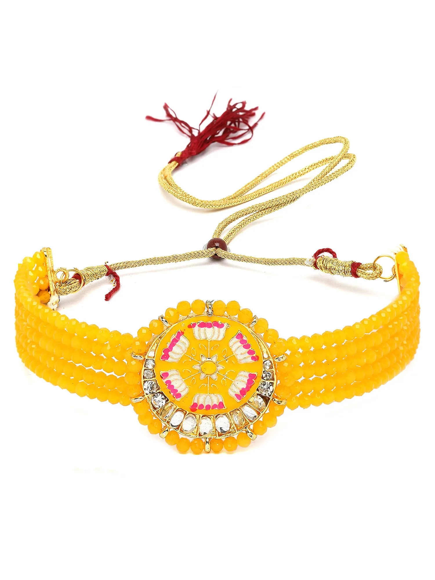 Karatcart Yellow Meena Lotus Design Crystal Choker Necklace Set for Women