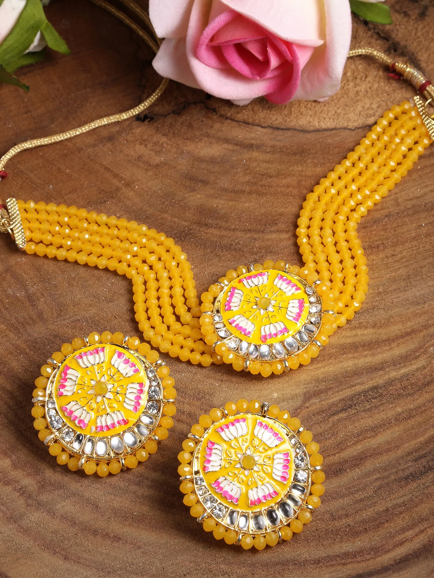 Karatcart Yellow Meena Lotus Design Crystal Choker Necklace Set for Women