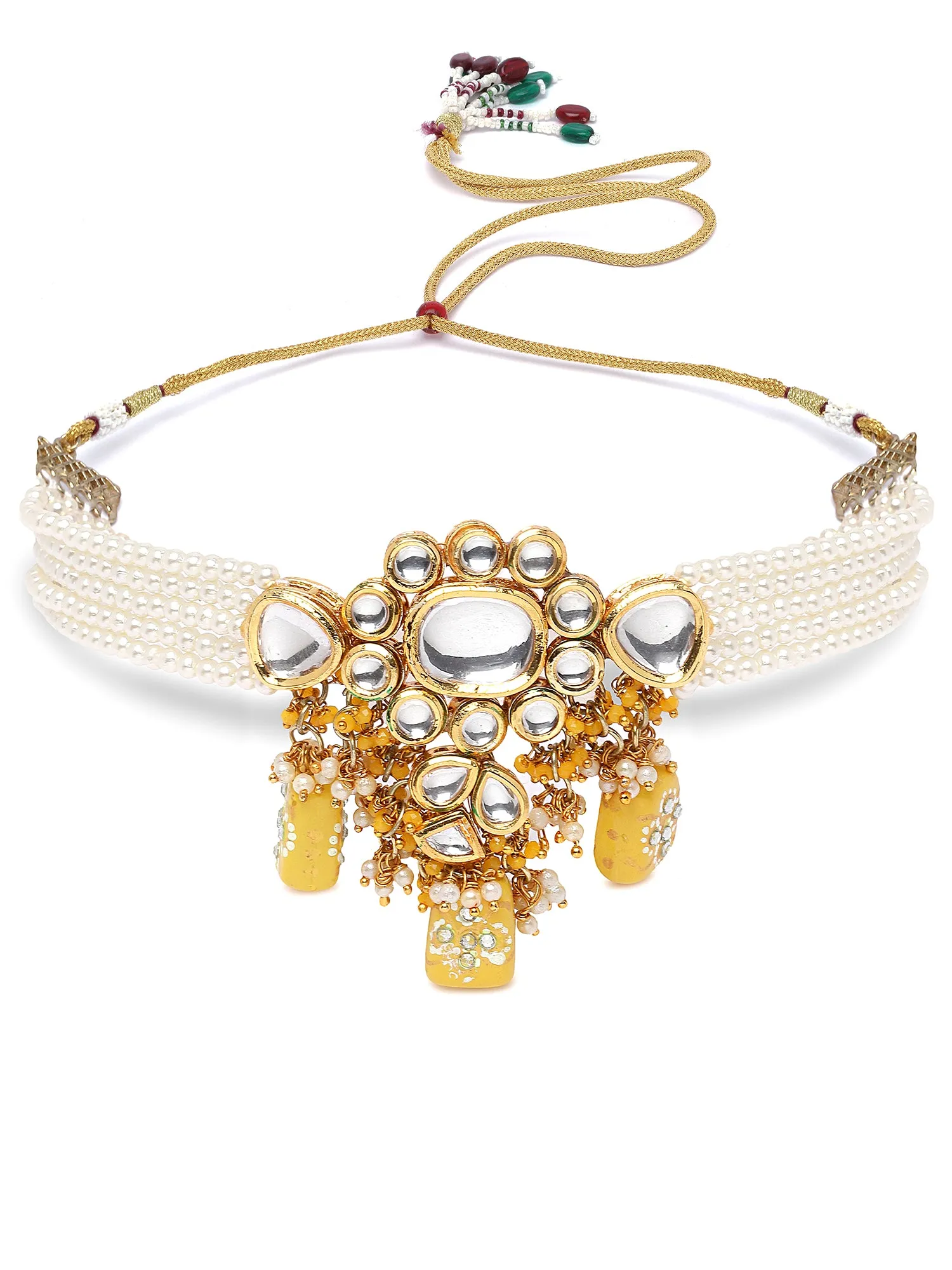 Karatcart Yellow Tumble and Pearl Studded Polki Kundan Choker Necklace Set for Women