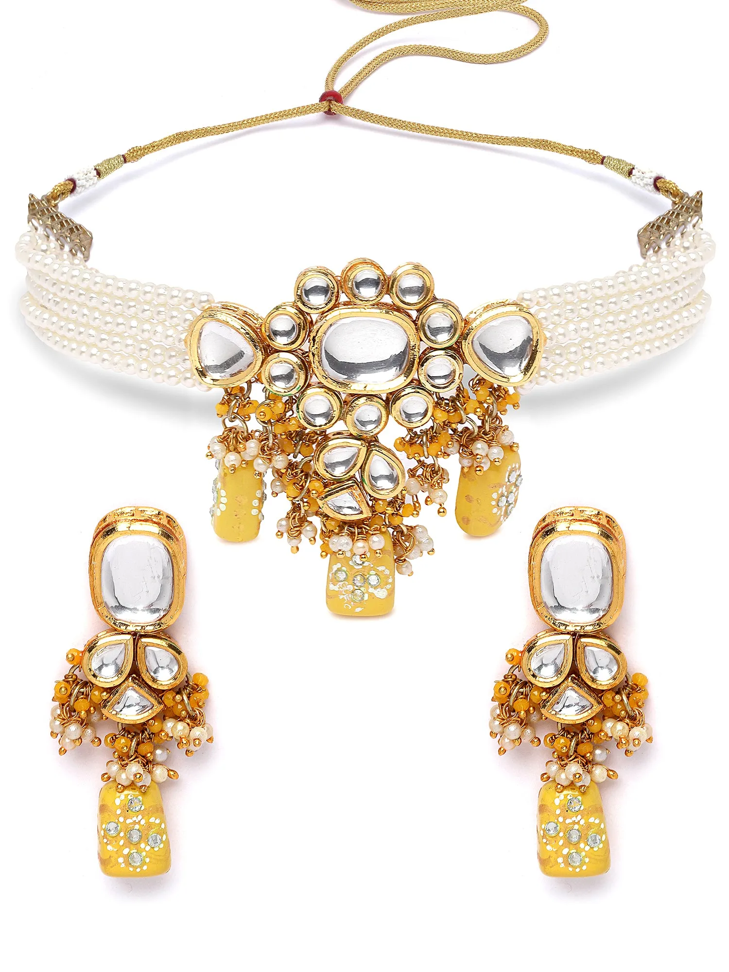 Karatcart Yellow Tumble and Pearl Studded Polki Kundan Choker Necklace Set for Women