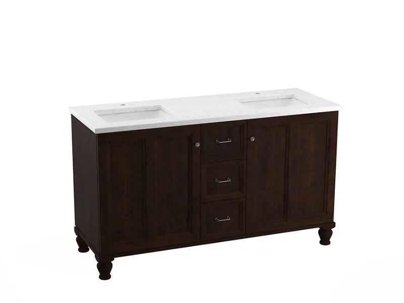 KOHLER K-CM99524-BD1 Damask 60" bathroom vanity cabinet with sinks and quartz top