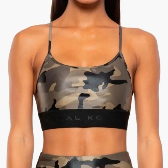 Koral Olive Green Brown Camo Sweeper Infinity Sports Bra A234506 NWOT size S