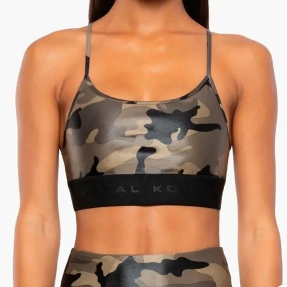 Koral Olive Green Brown Camo Sweeper Infinity Sports Bra A234506 NWOT