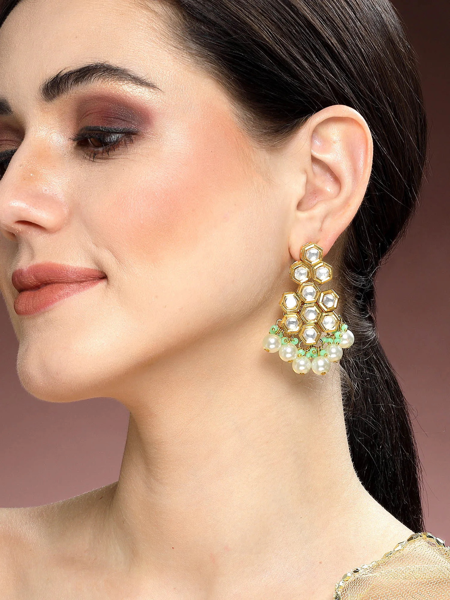 Kraratcart Gold Plated Bee Hive Design Polki Kundan Drop Earrings for Women