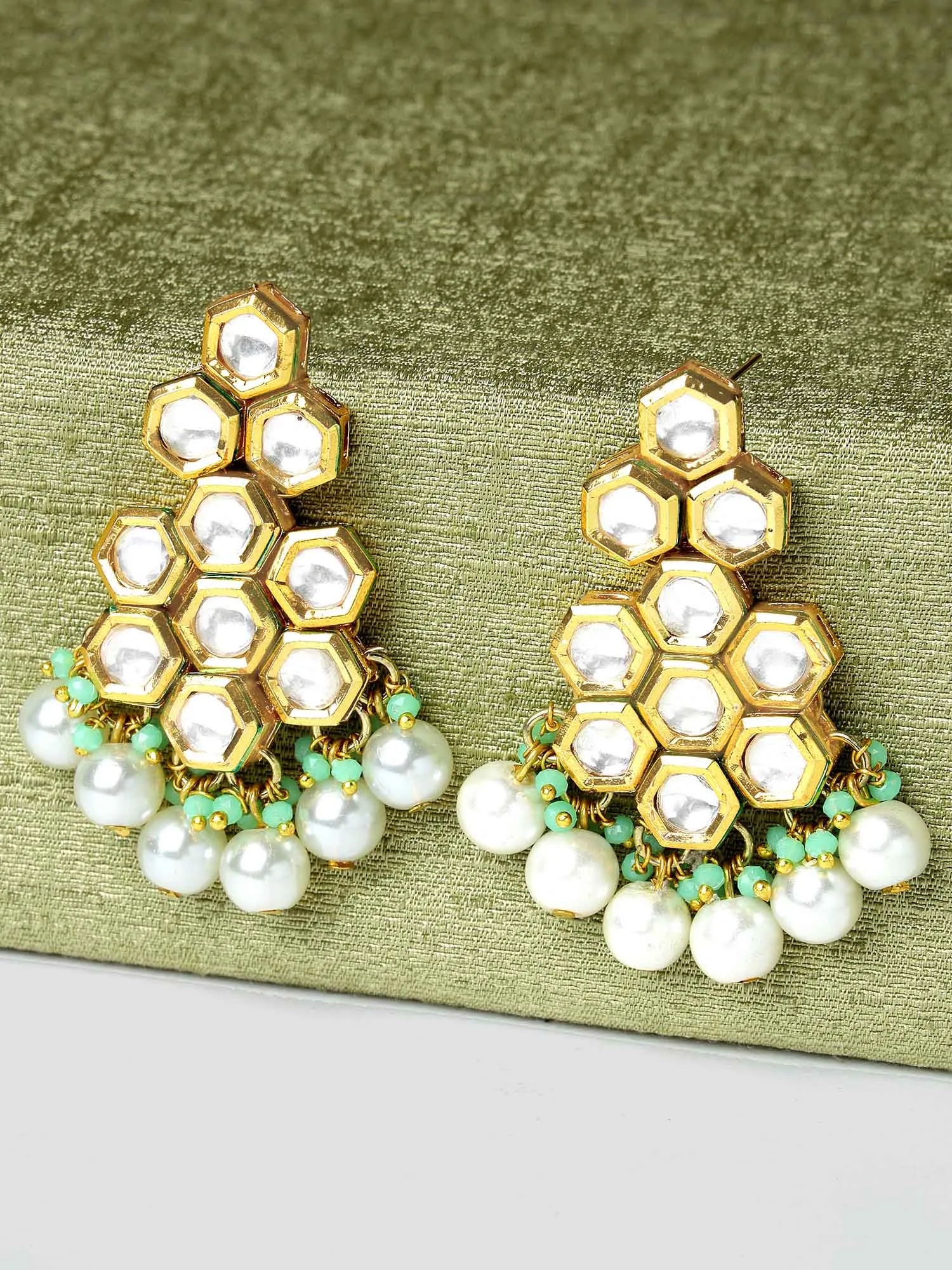 Kraratcart Gold Plated Bee Hive Design Polki Kundan Drop Earrings for Women