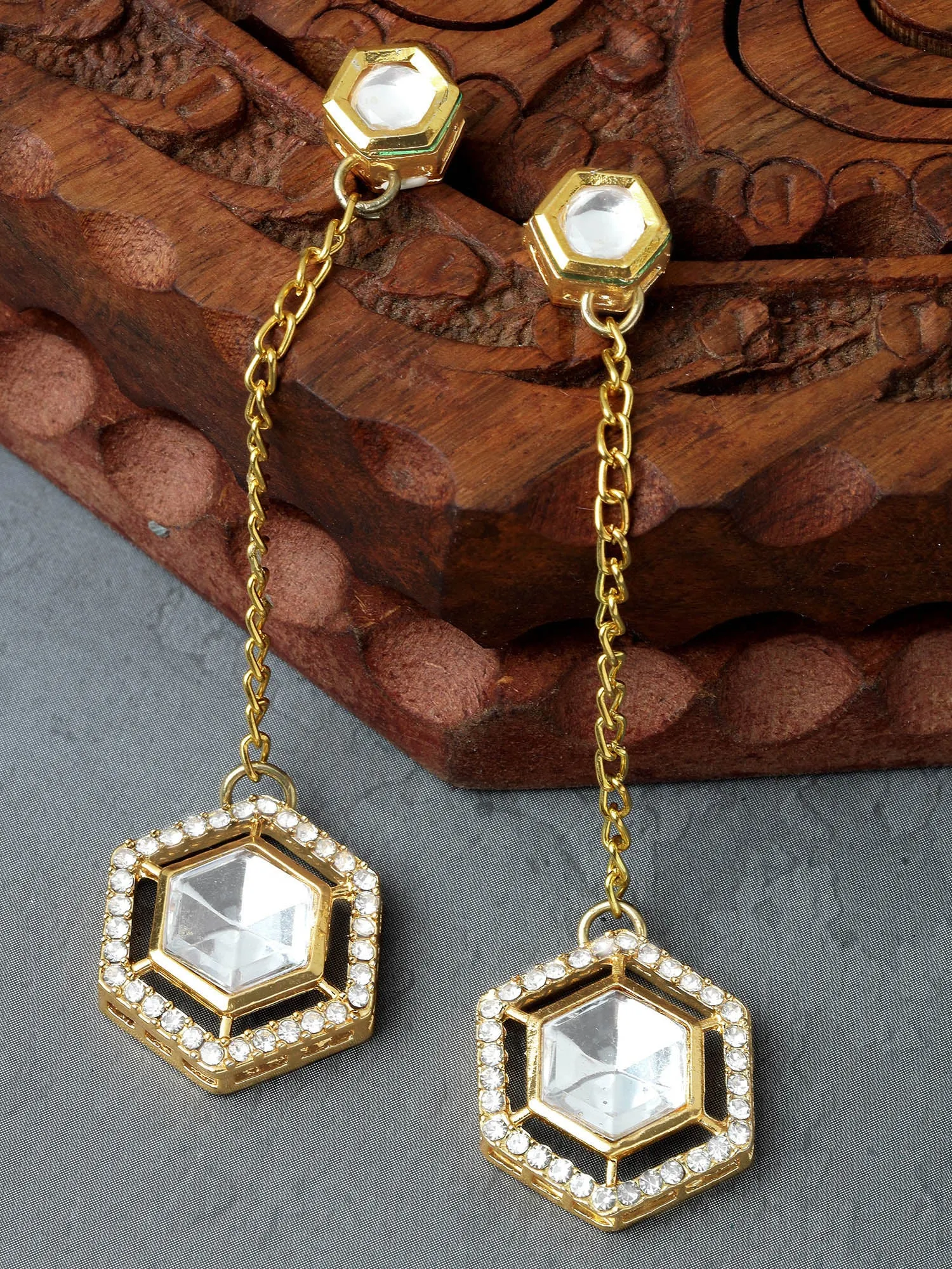 Kraratcart Gold Plated Hexagonal Design Polki Kundan Drop Earrings for Women