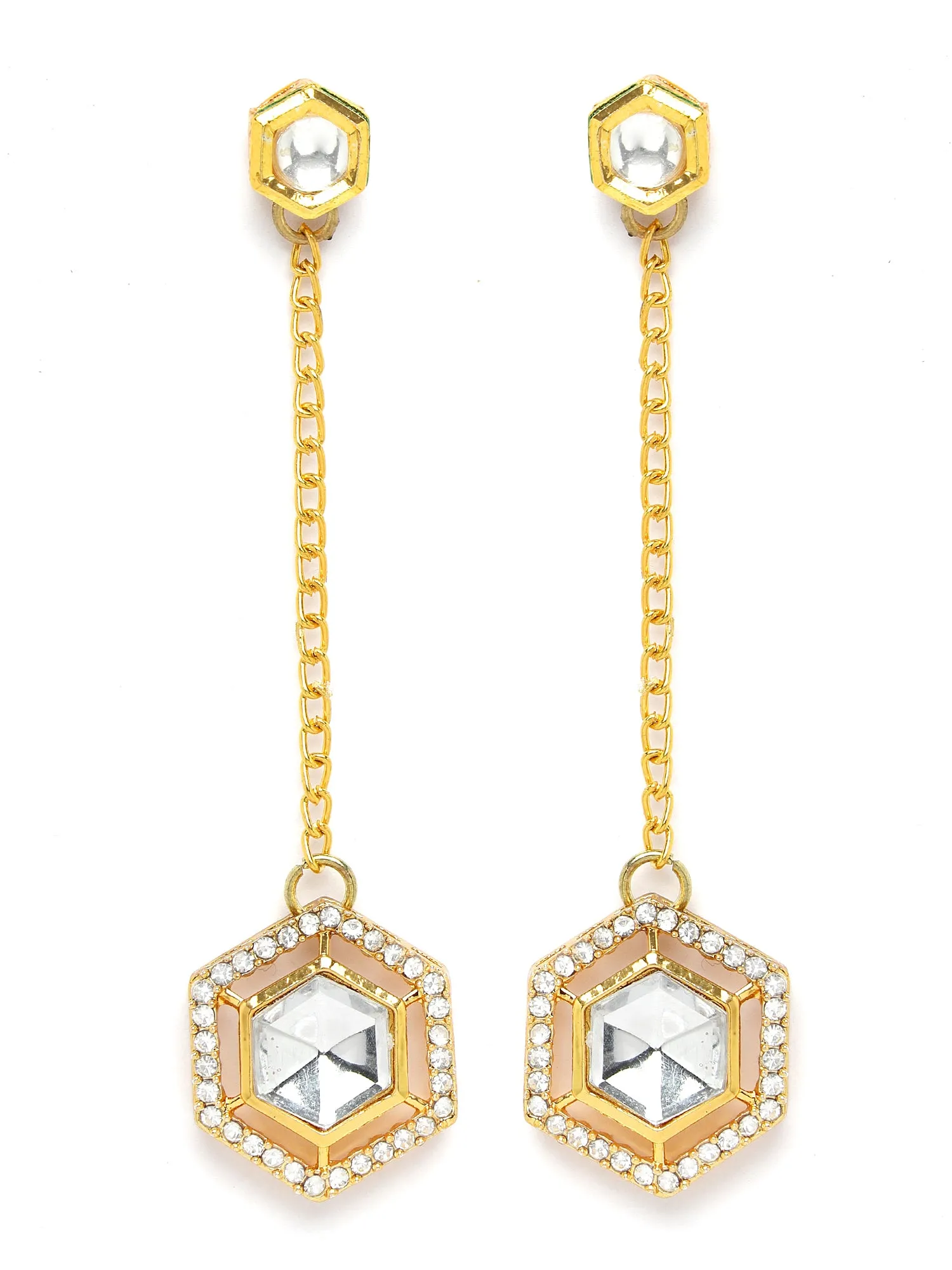 Kraratcart Gold Plated Hexagonal Design Polki Kundan Drop Earrings for Women