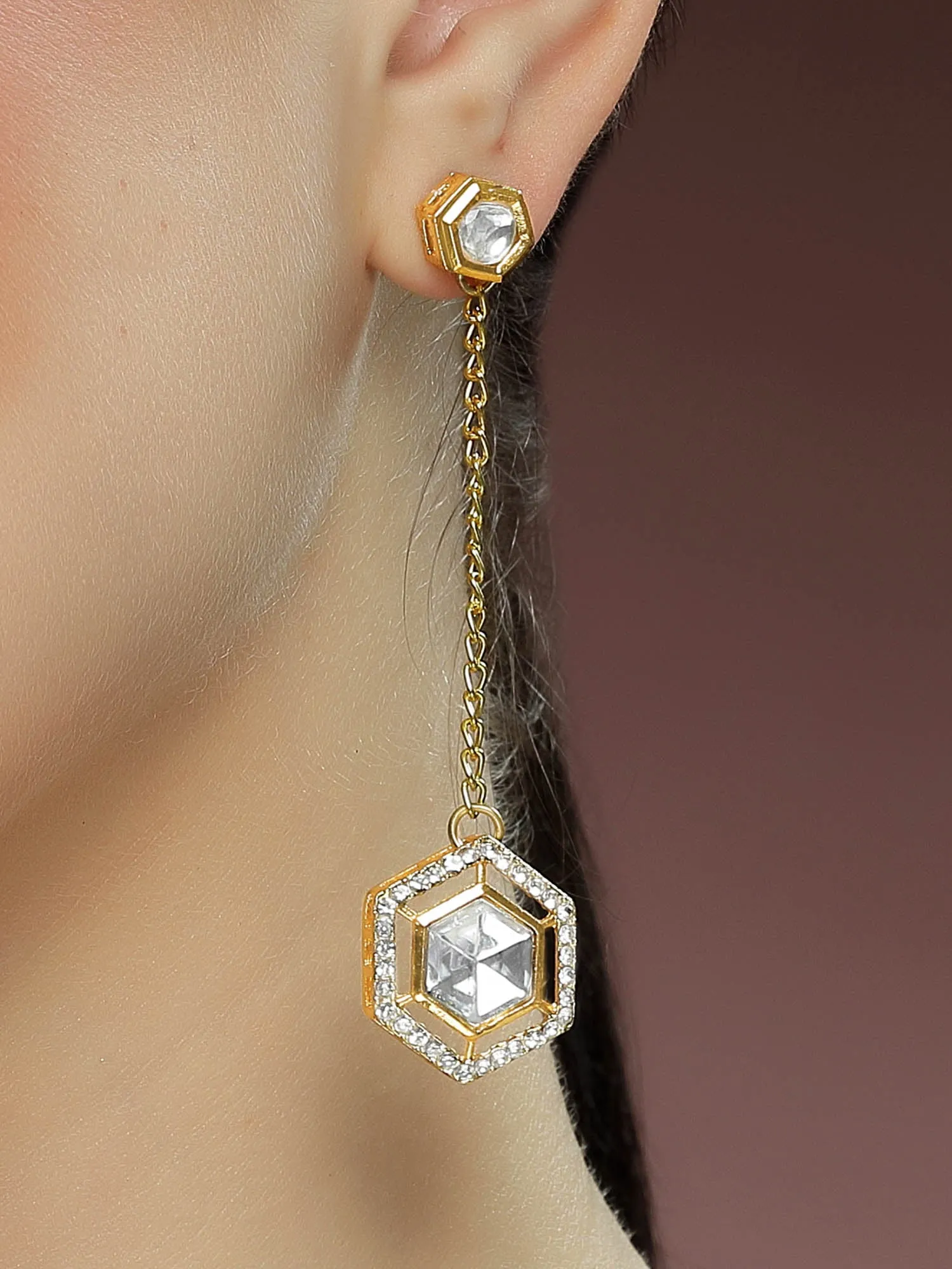 Kraratcart Gold Plated Hexagonal Design Polki Kundan Drop Earrings for Women
