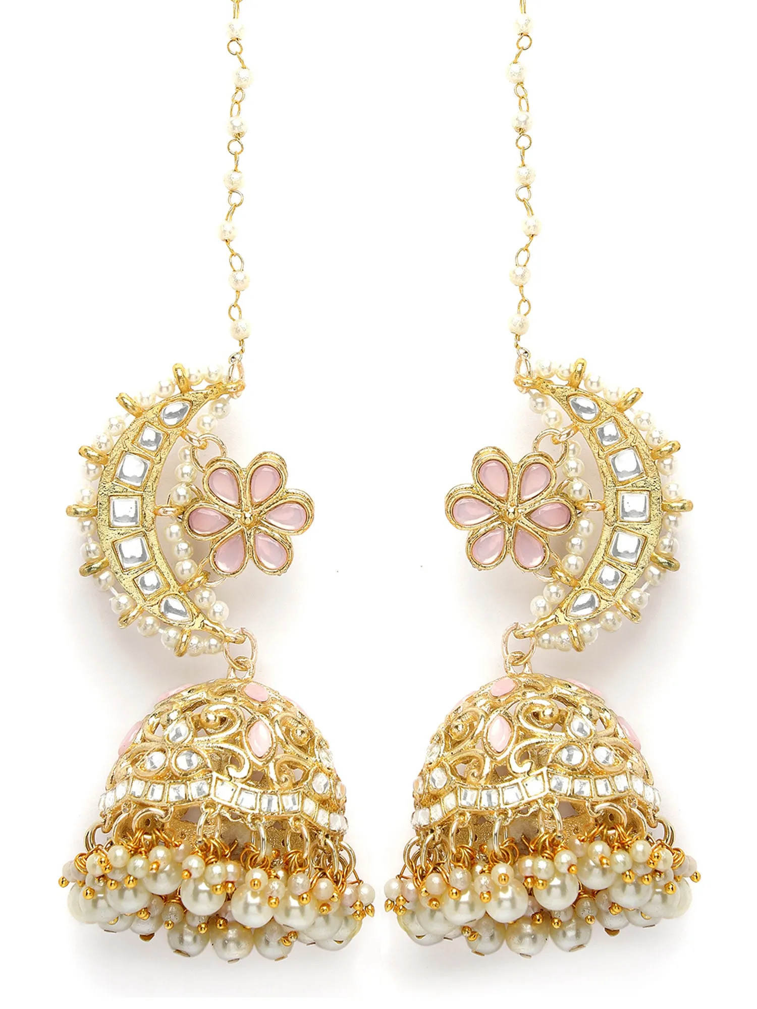 Kraratcart Gold Plated Pink Floral Kundan Jhumki Kaanchain Earrings for Women