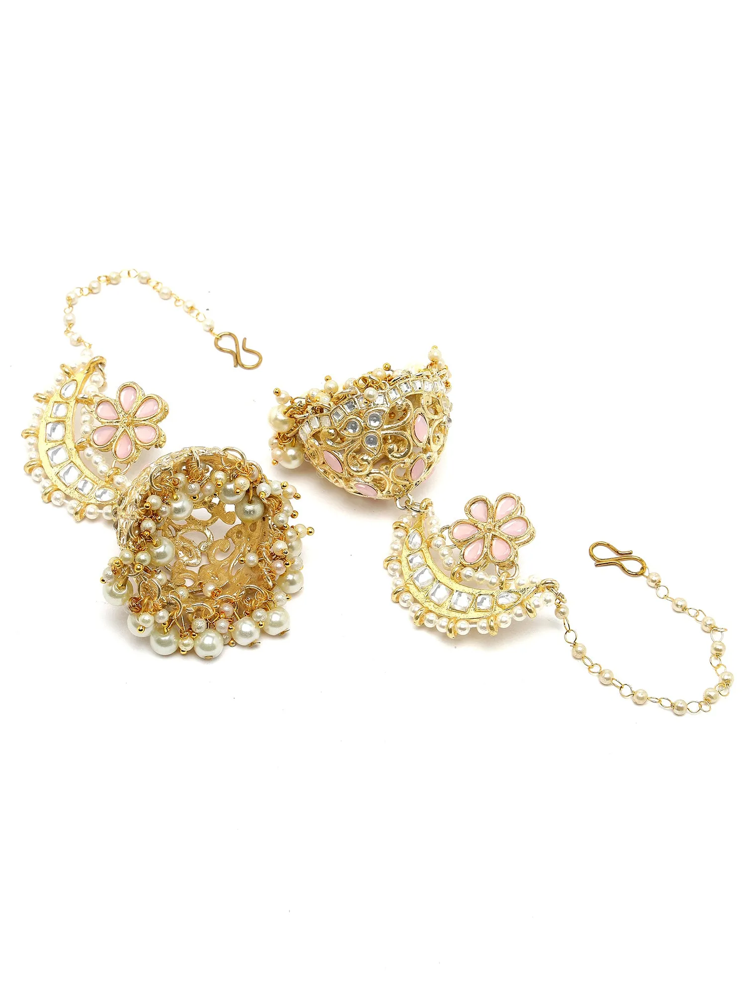 Kraratcart Gold Plated Pink Floral Kundan Jhumki Kaanchain Earrings for Women