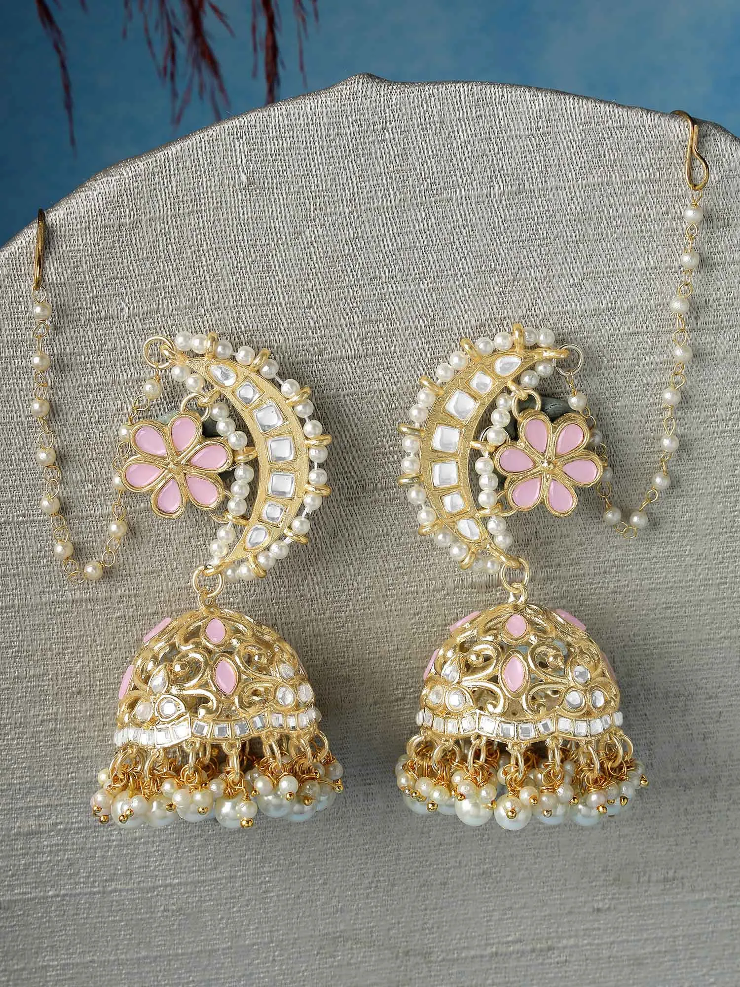 Kraratcart Gold Plated Pink Floral Kundan Jhumki Kaanchain Earrings for Women