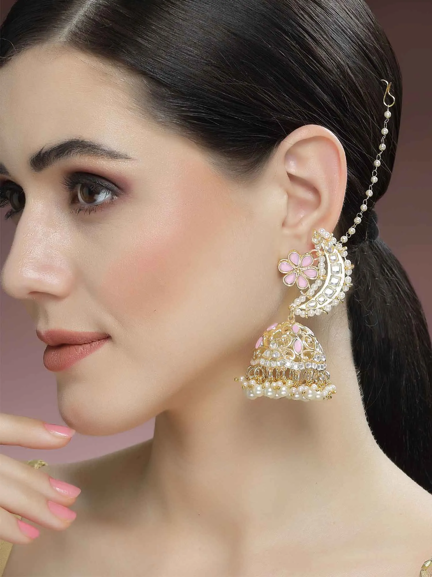 Kraratcart Gold Plated Pink Floral Kundan Jhumki Kaanchain Earrings for Women