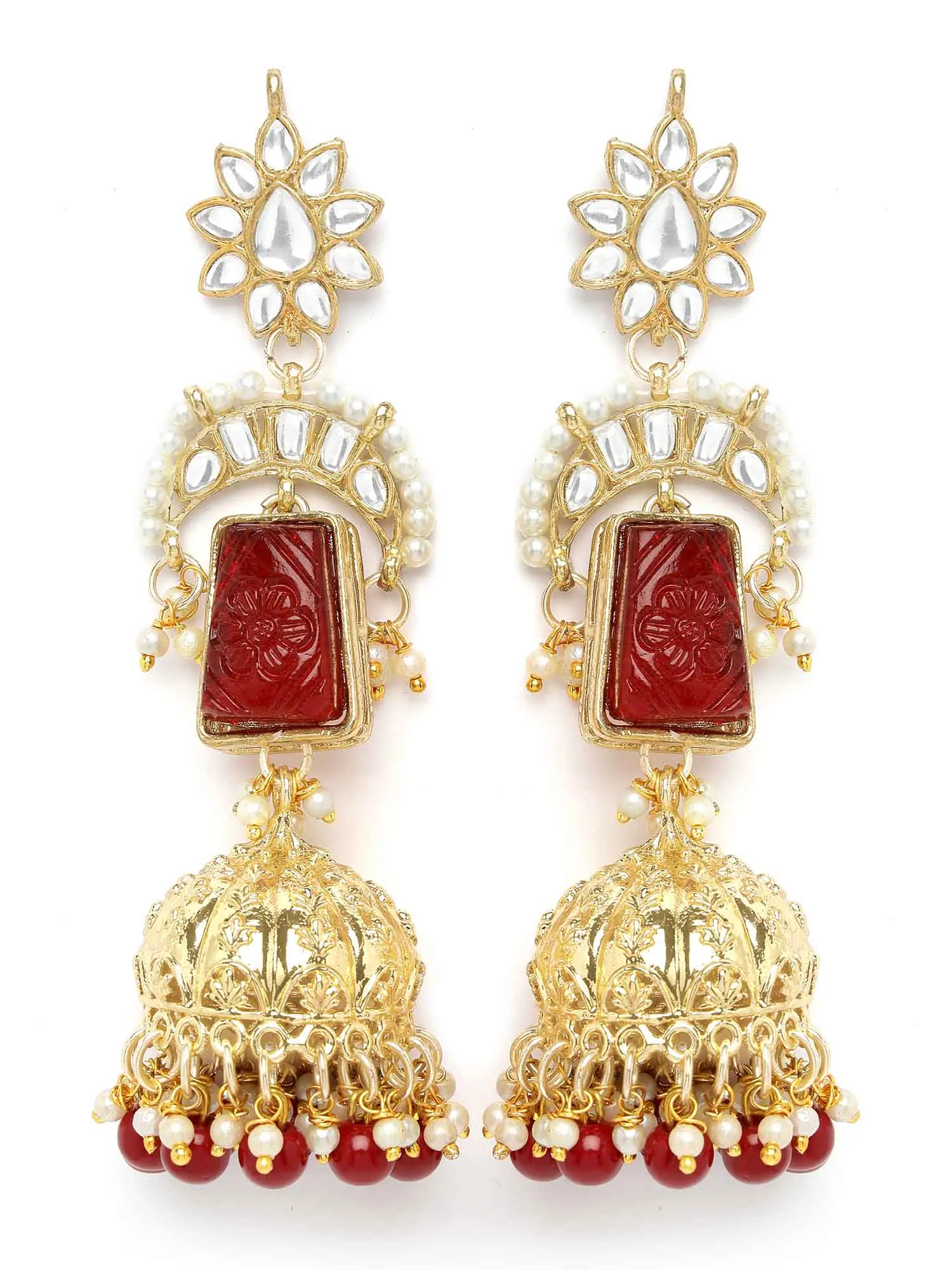 Kraratcart Gold Plated Red Carved Stone Kundan Jhumki Drop Earrings for Women