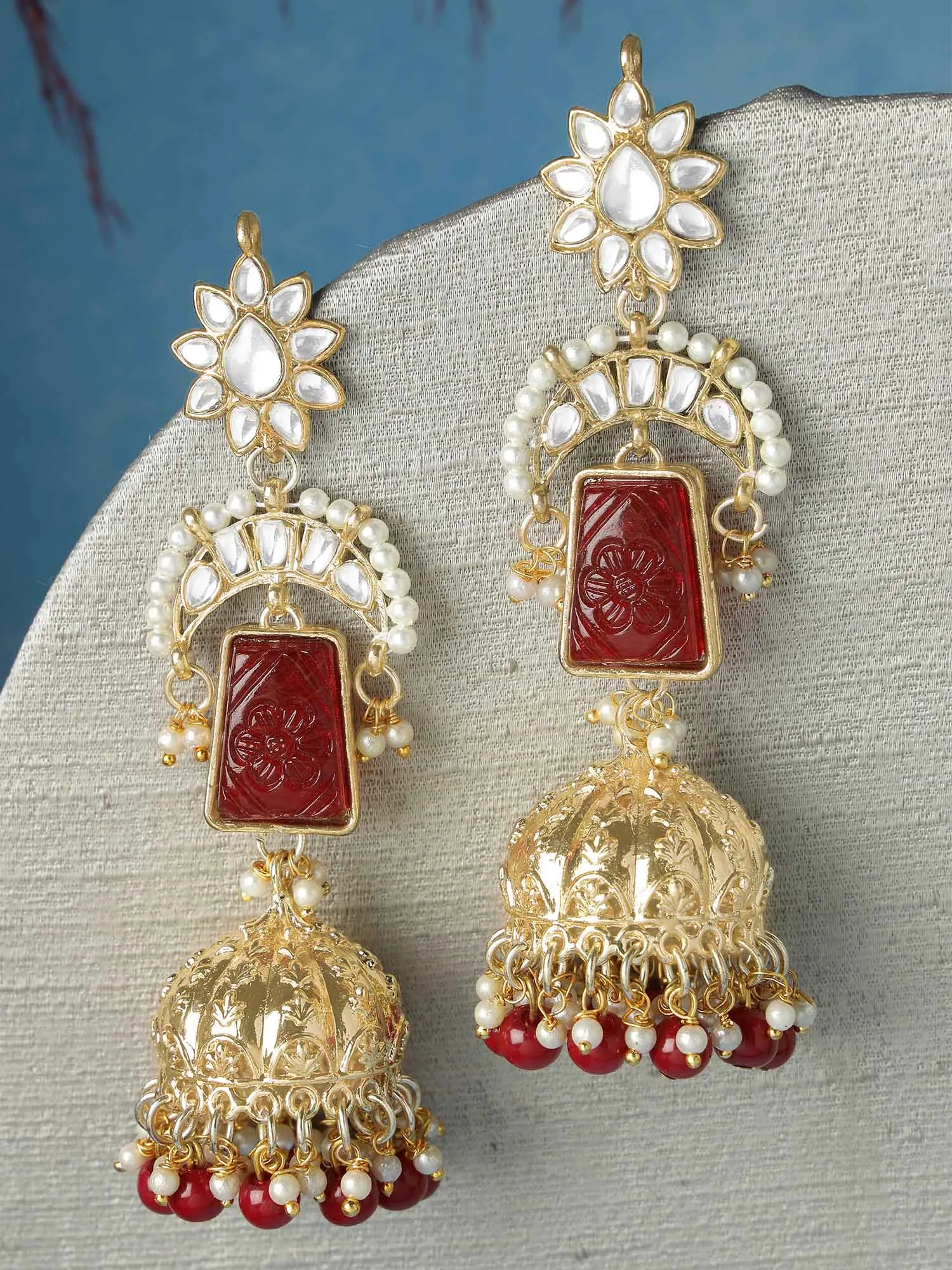 Kraratcart Gold Plated Red Carved Stone Kundan Jhumki Drop Earrings for Women