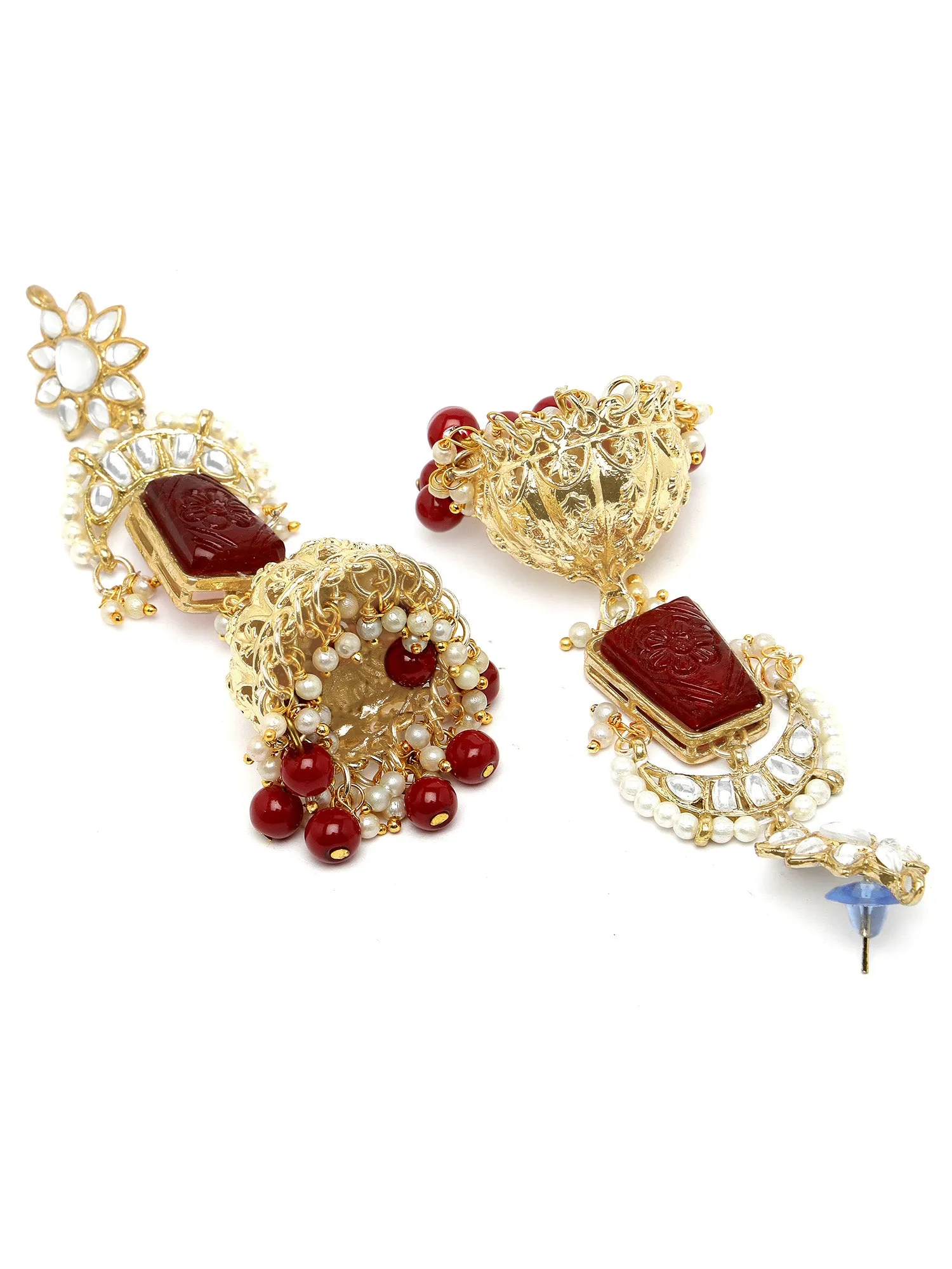 Kraratcart Gold Plated Red Carved Stone Kundan Jhumki Drop Earrings for Women