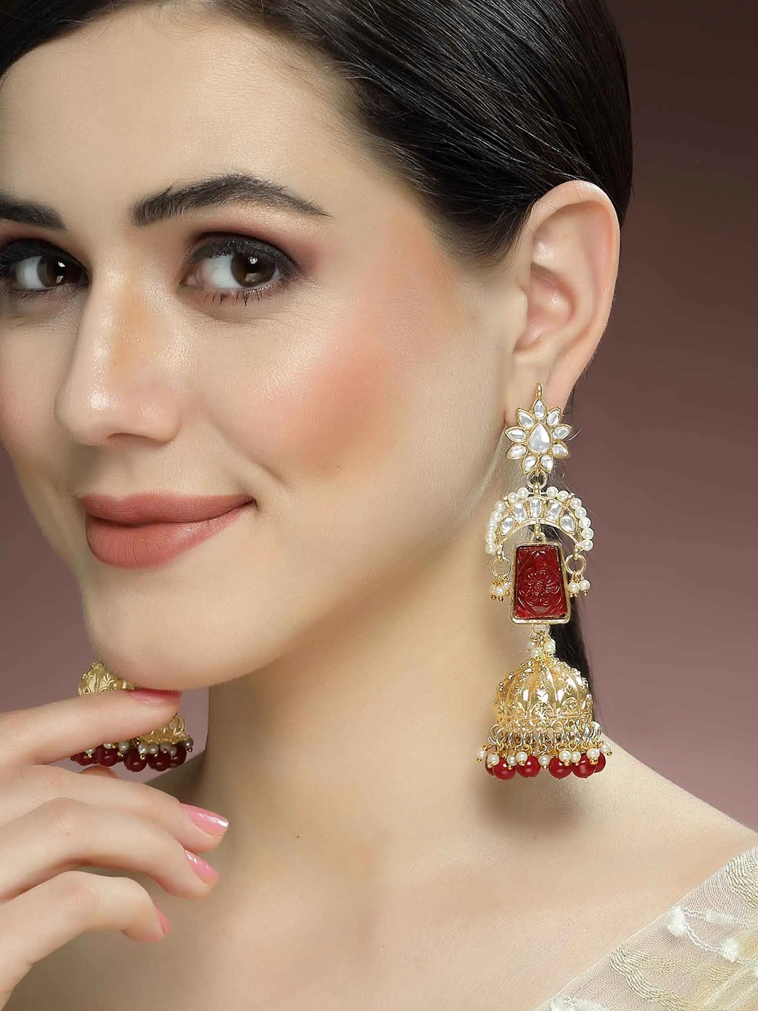 Kraratcart Gold Plated Red Carved Stone Kundan Jhumki Drop Earrings for Women