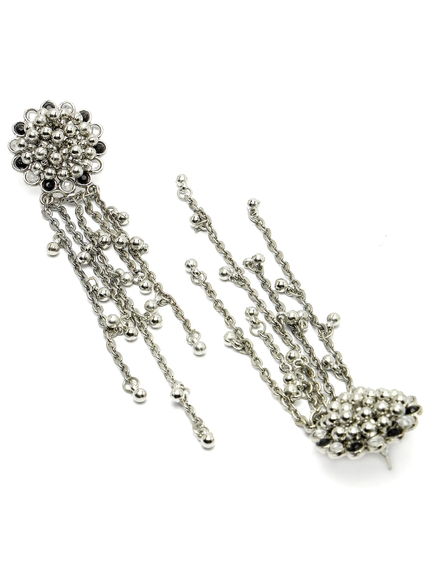 Kraratcart Oxidised Silver Black Kundan Silver Chain Tassel Earrings for Women