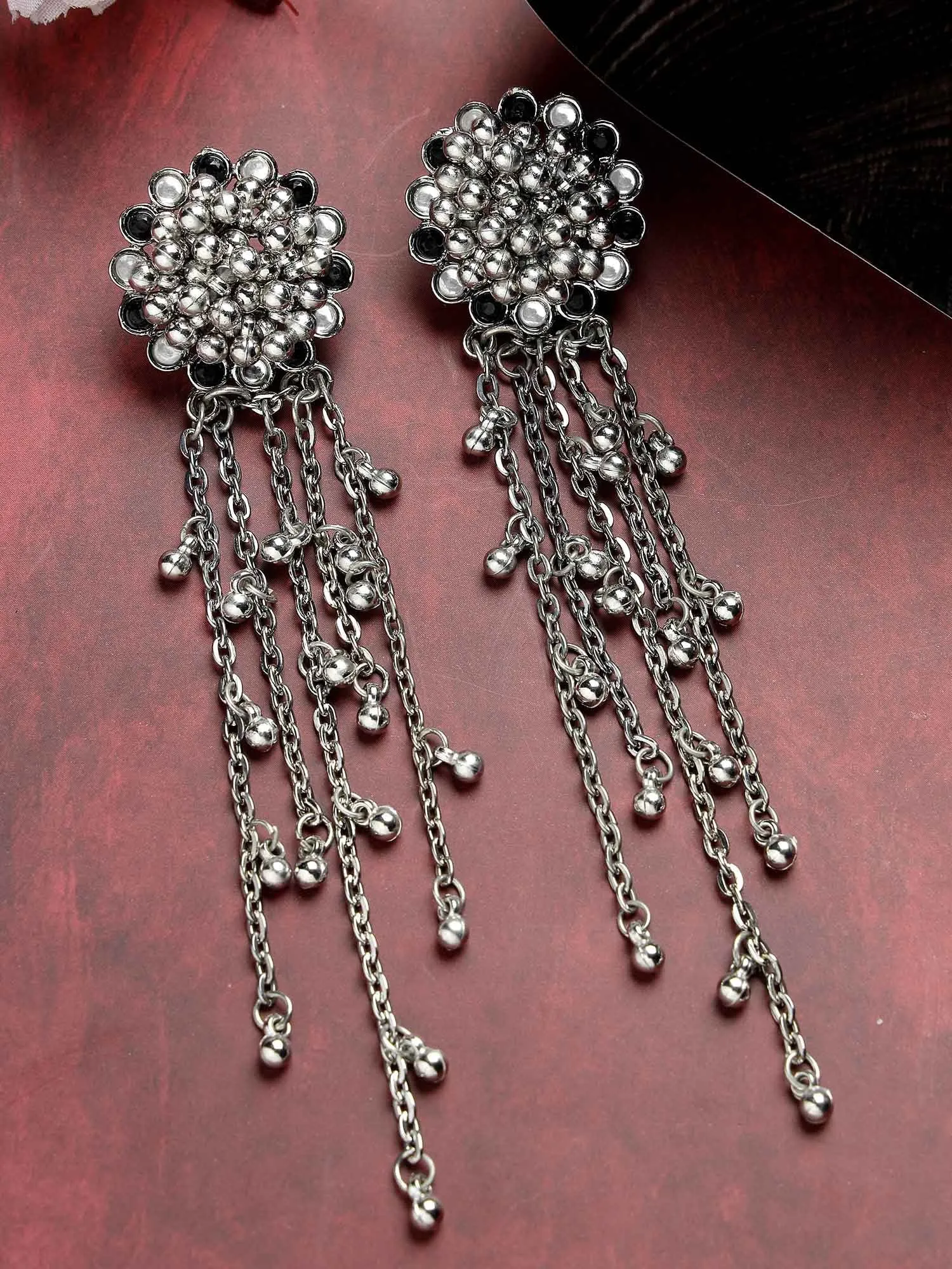 Kraratcart Oxidised Silver Black Kundan Silver Chain Tassel Earrings for Women