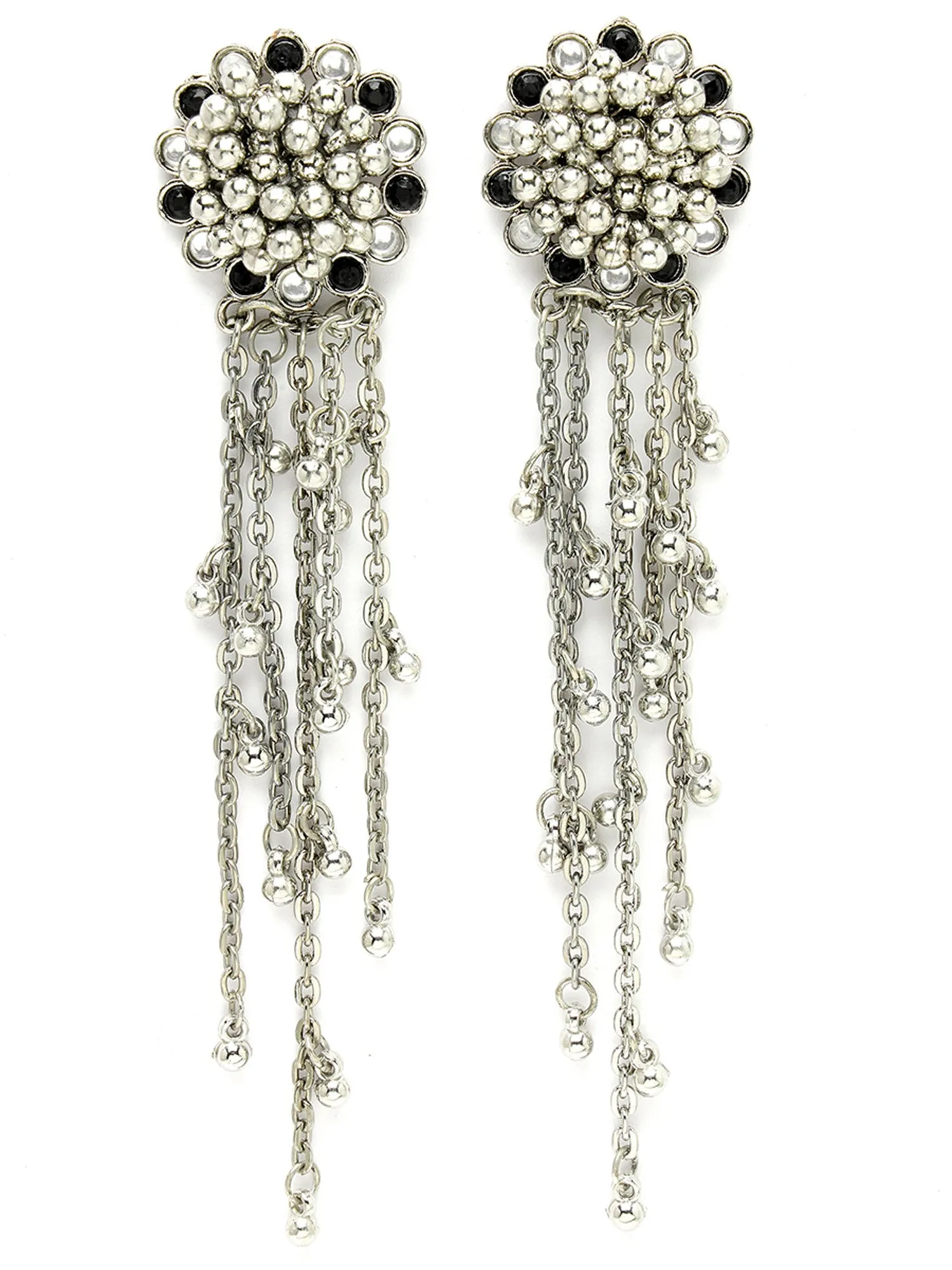 Kraratcart Oxidised Silver Black Kundan Silver Chain Tassel Earrings for Women