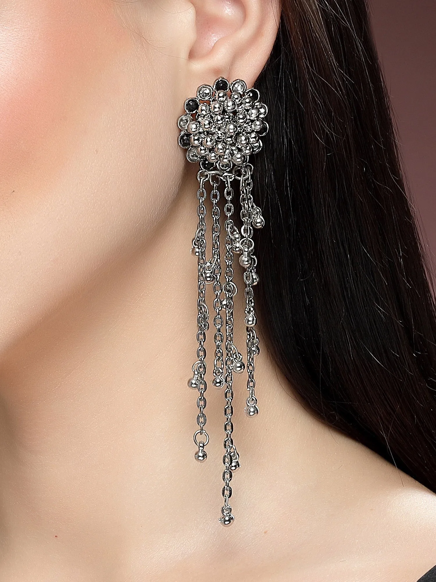 Kraratcart Oxidised Silver Black Kundan Silver Chain Tassel Earrings for Women