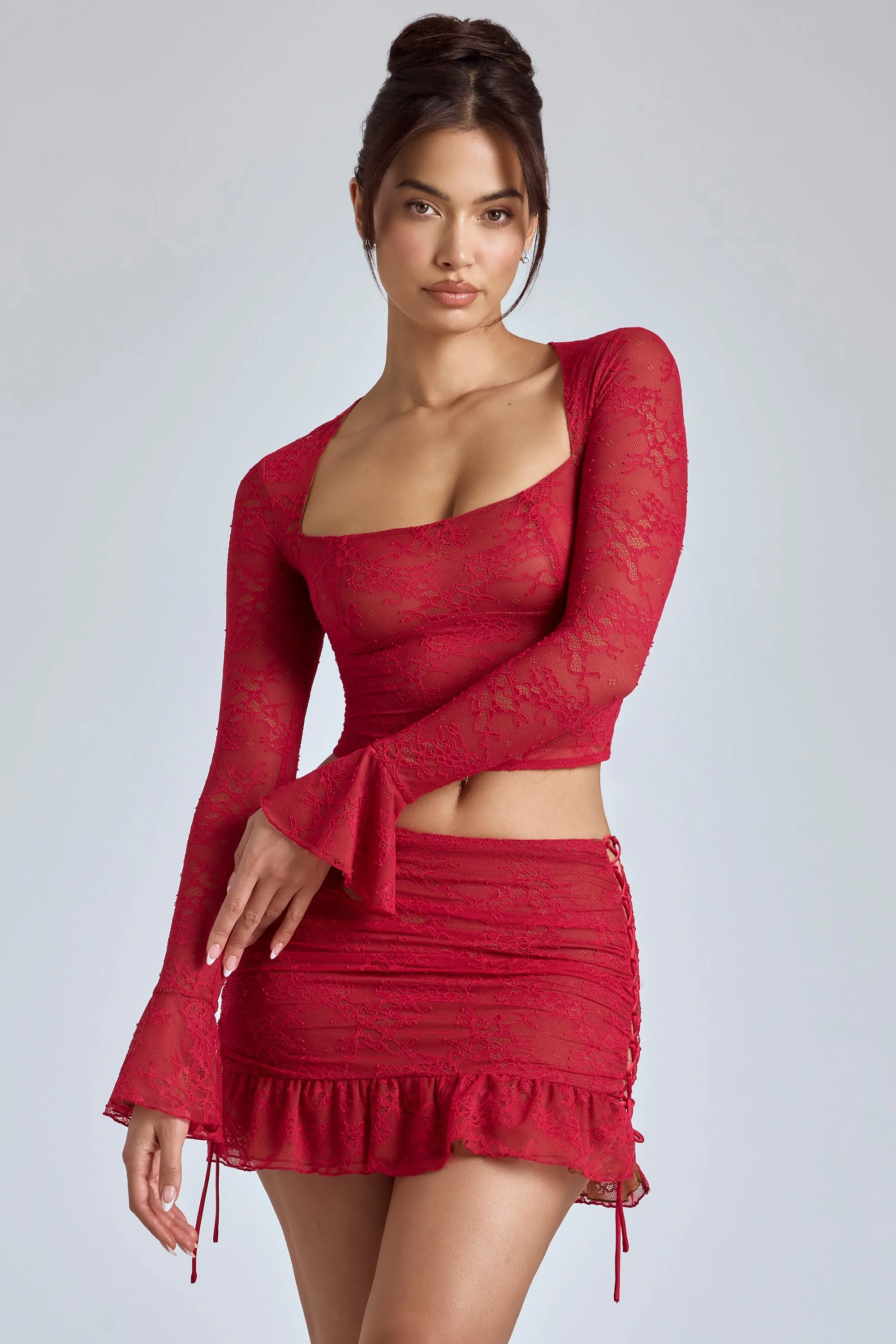 Lace Long Sleeve Top in Cherry Red
