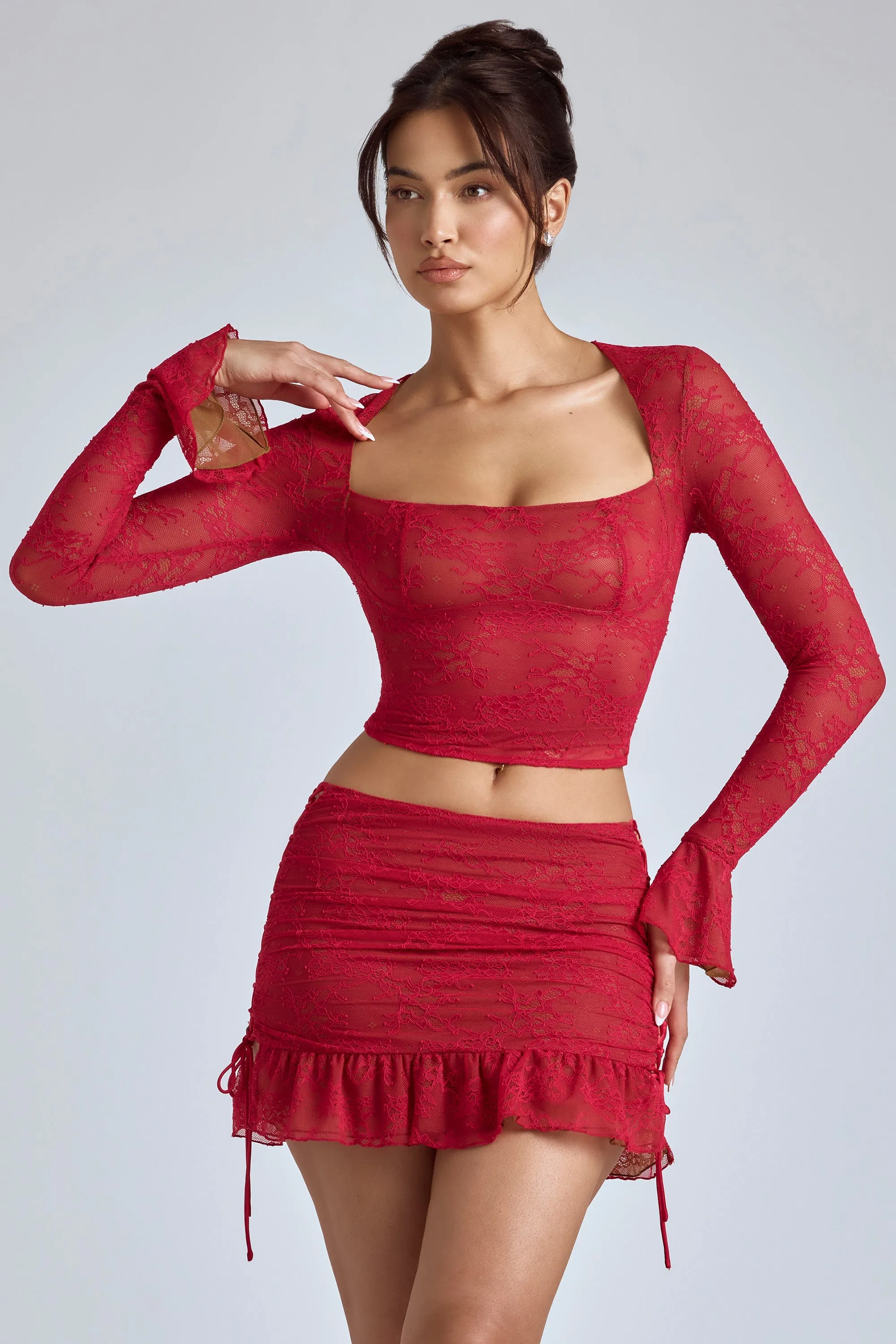Lace Long Sleeve Top in Cherry Red
