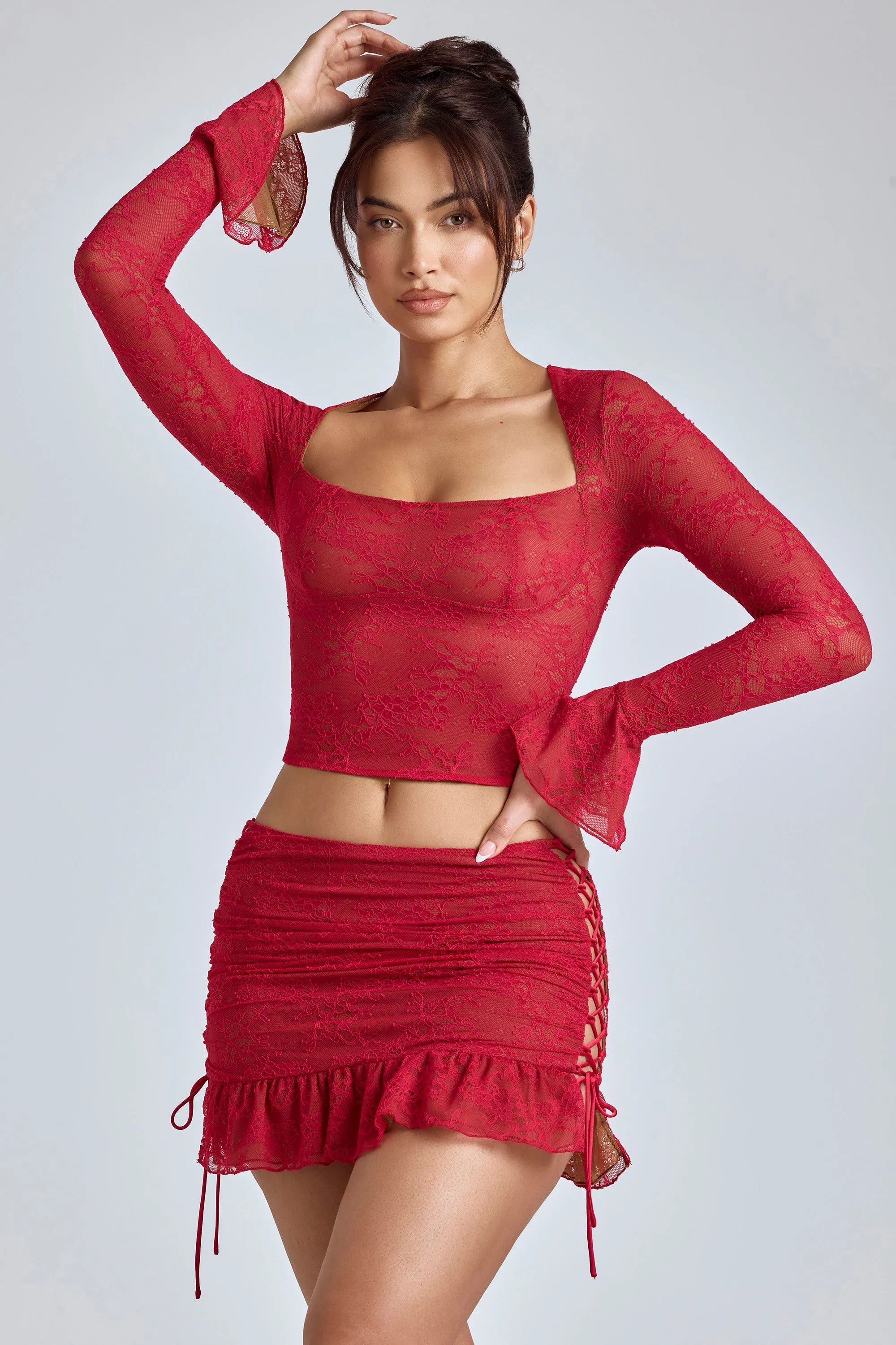 Lace Long Sleeve Top in Cherry Red