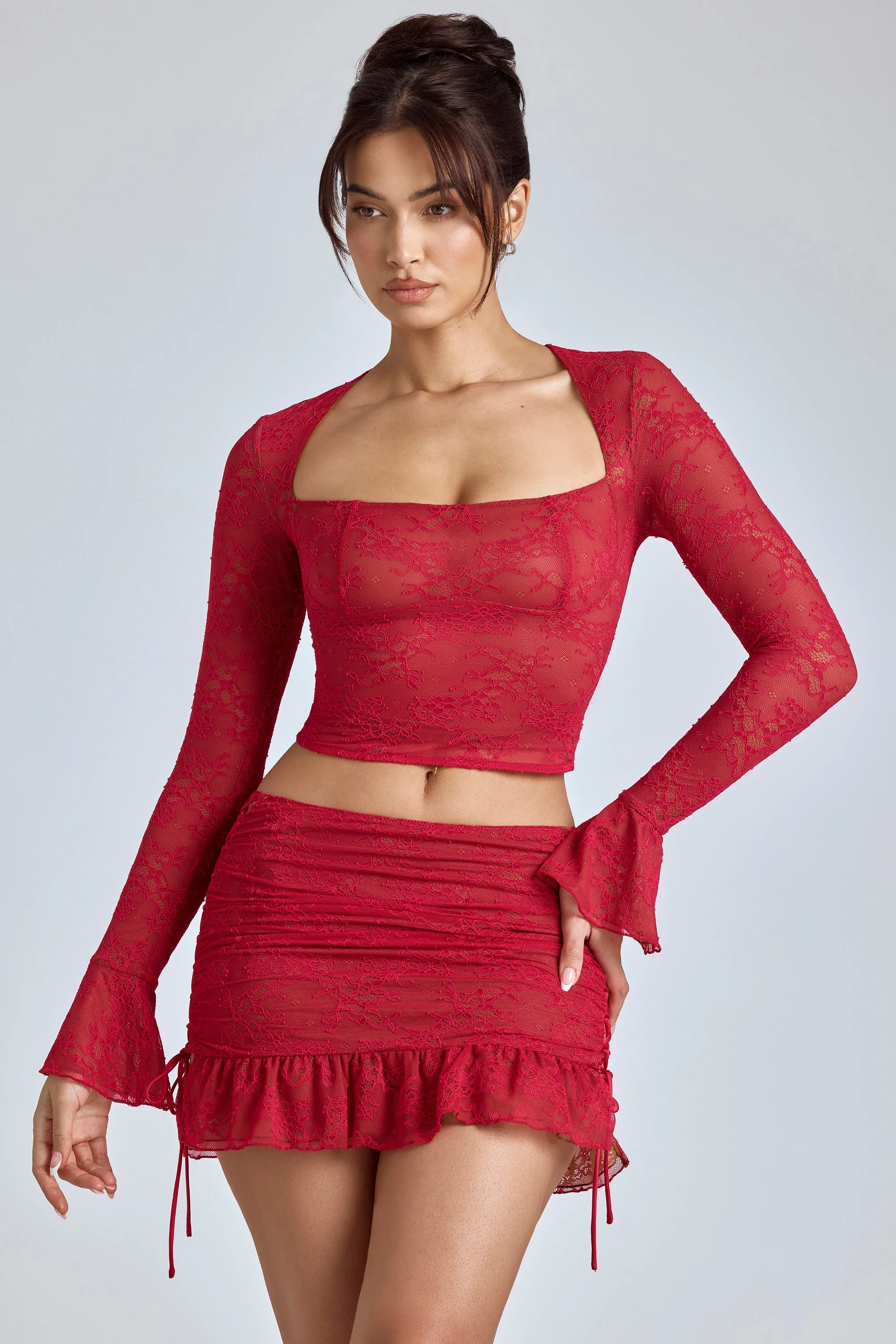 Lace Long Sleeve Top in Cherry Red