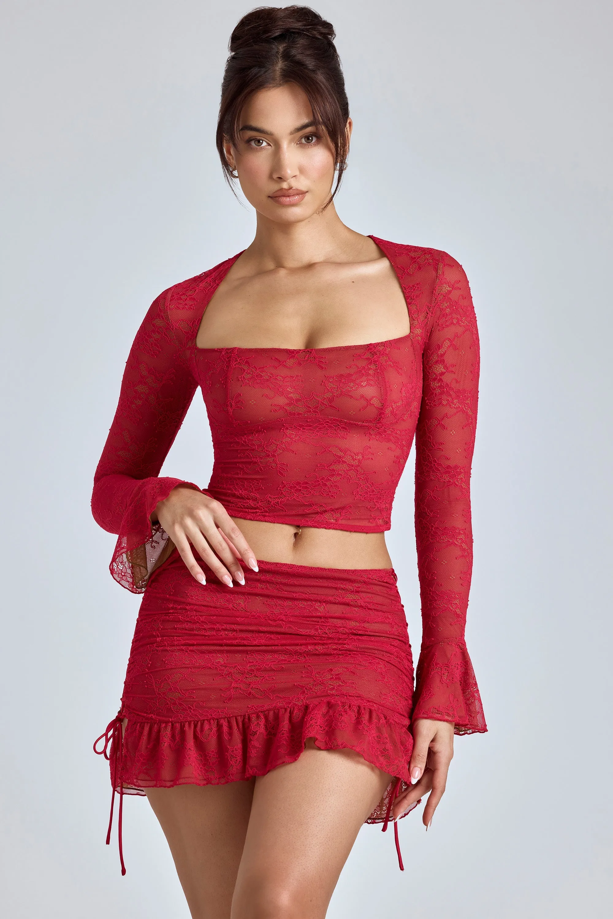 Lace Long Sleeve Top in Cherry Red