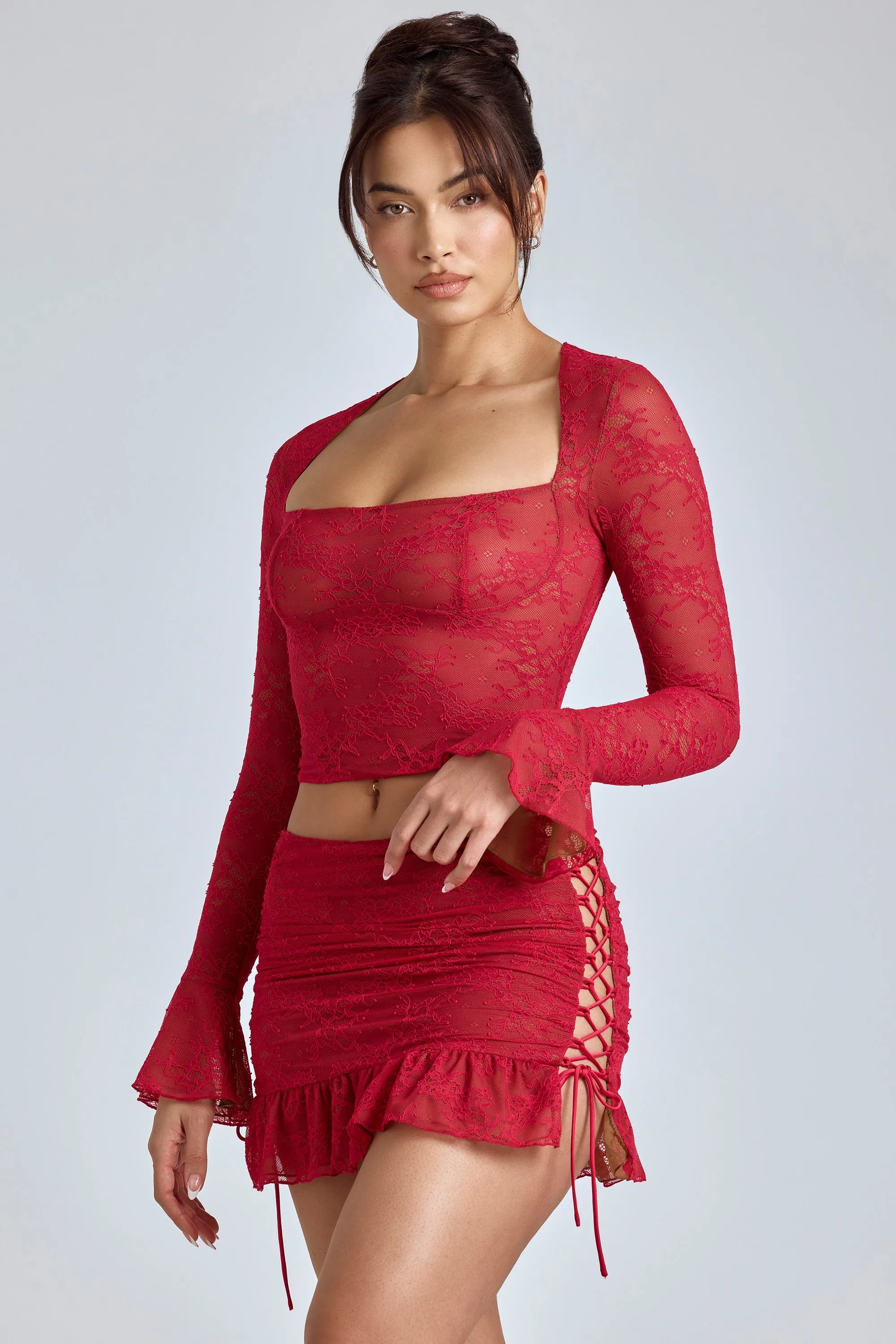 Lace Long Sleeve Top in Cherry Red