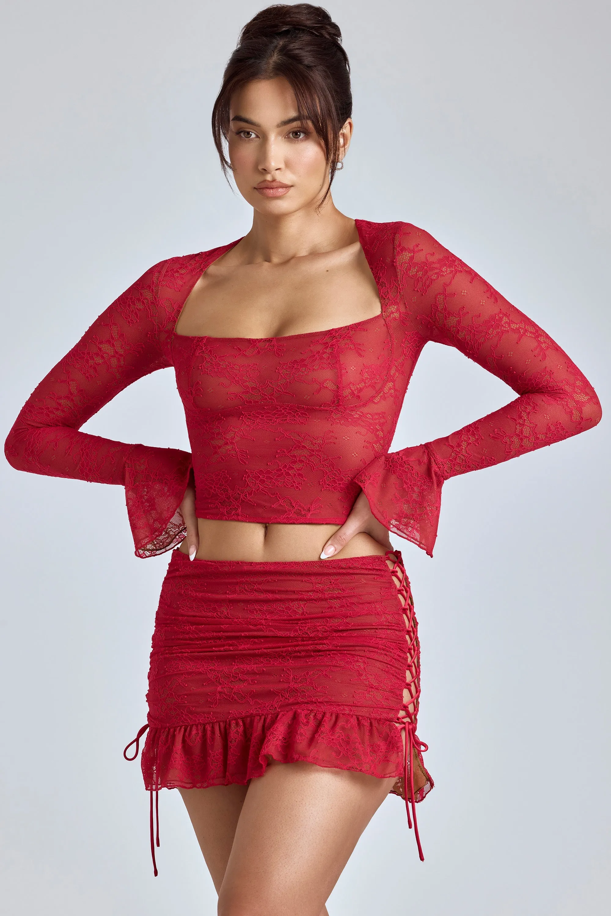 Lace Long Sleeve Top in Cherry Red