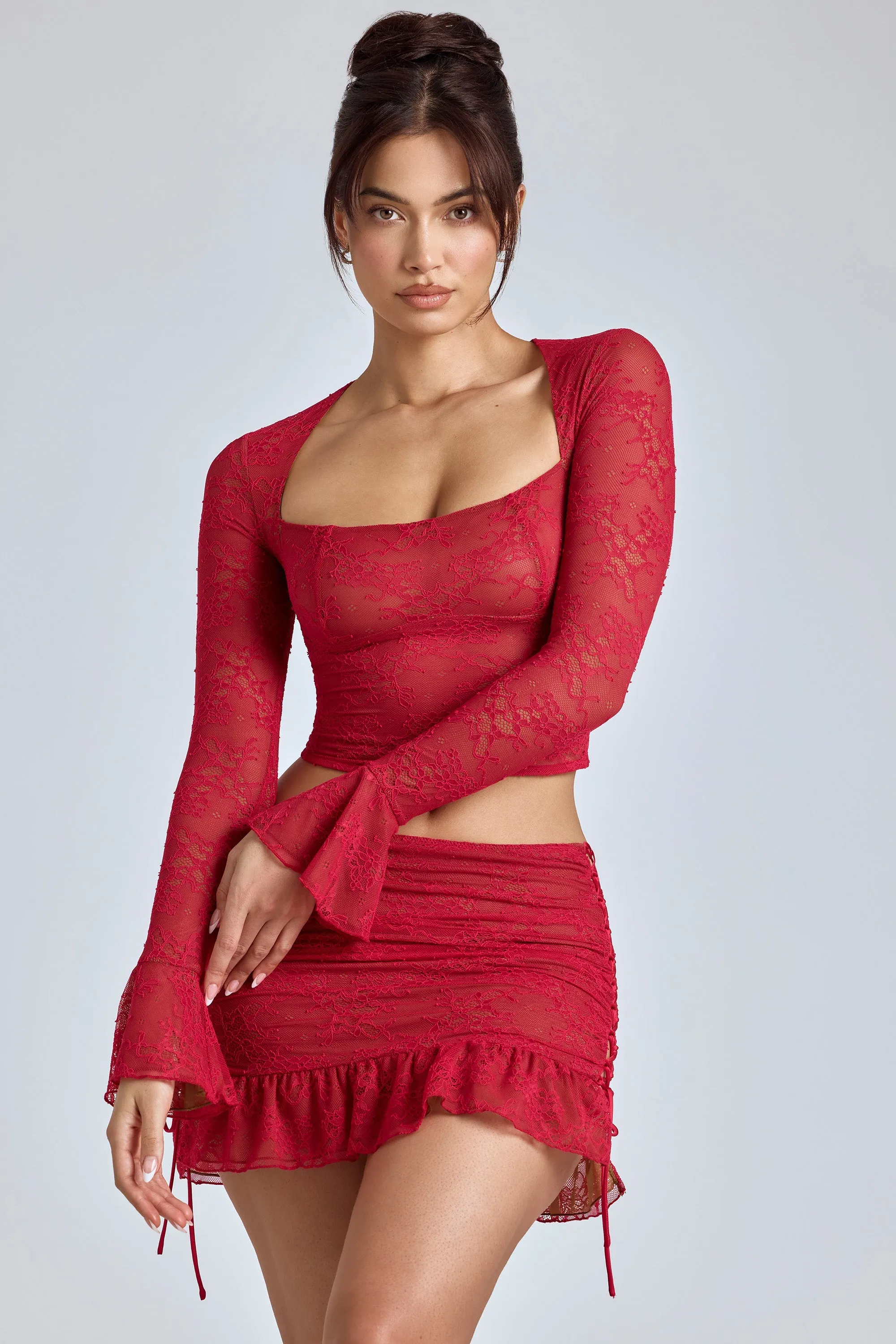 Lace Long Sleeve Top in Cherry Red