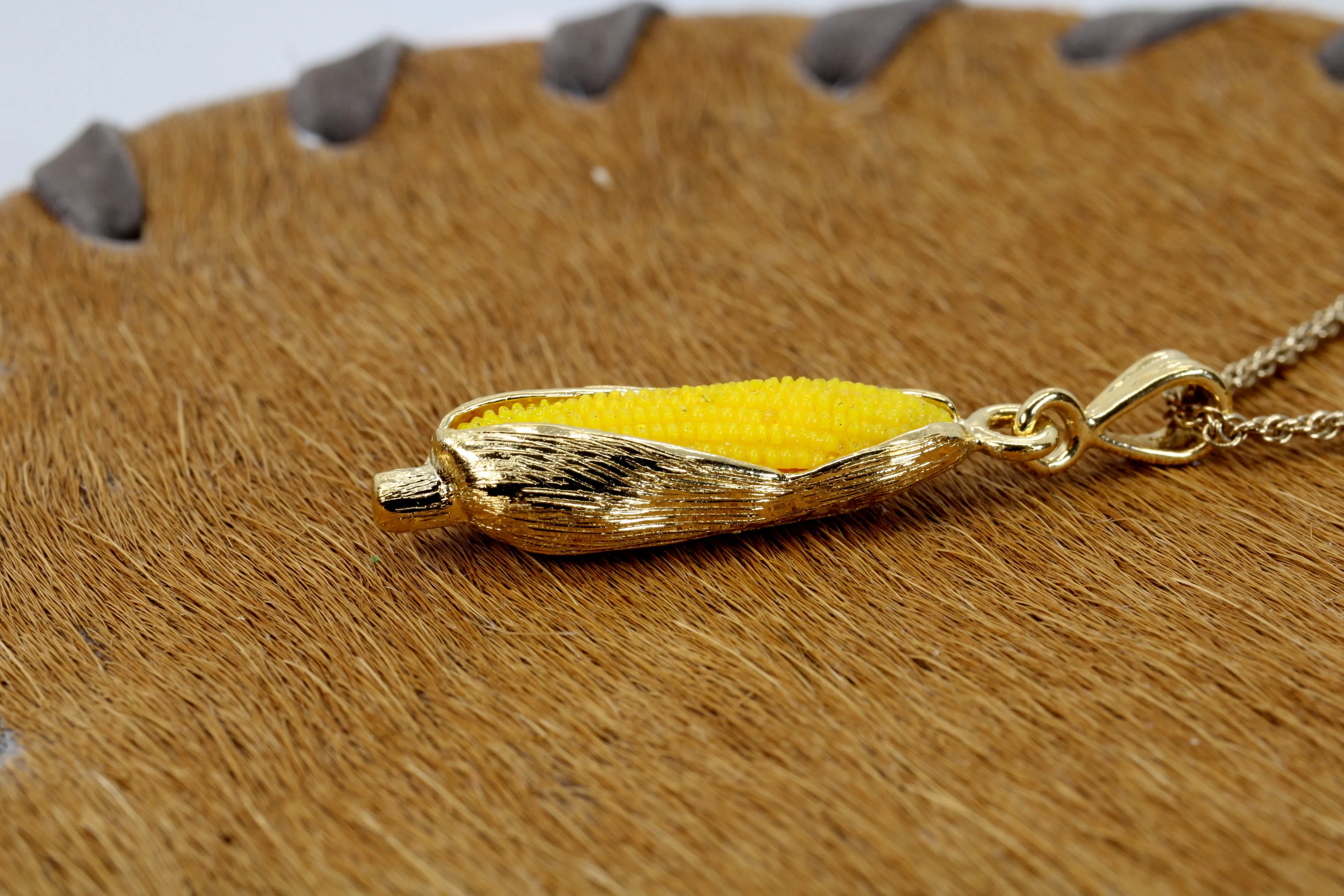 Large 14kt Gold Vermeil Corn Necklace with Yellow Cob