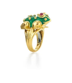 Large Frog Ring, Green Enamel