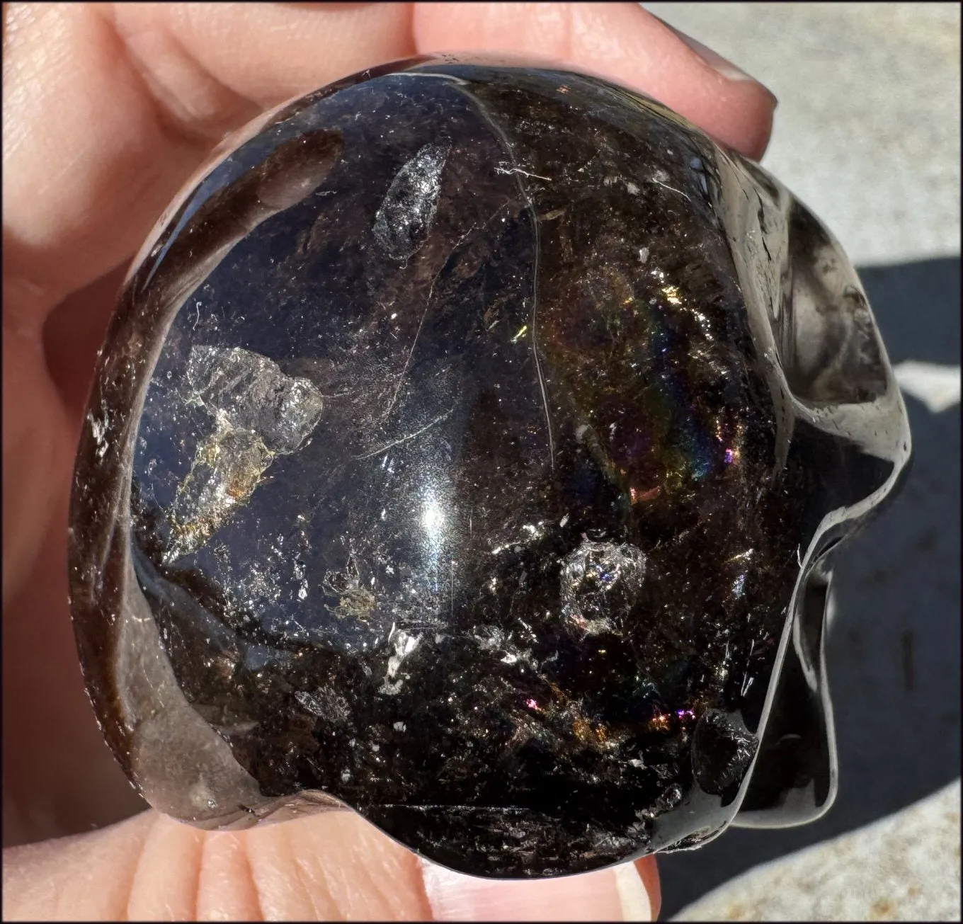 Lg. DARK Smoky Quartz Crystal Skull with Hematite, Rainbows - Dissolve negativity