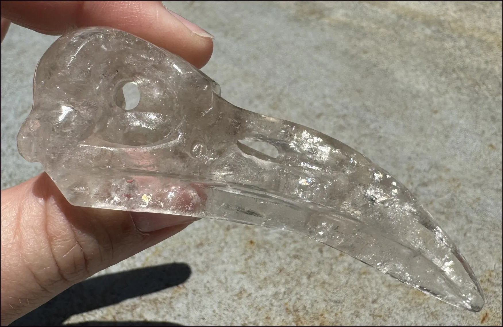 Lg. Light SMOKY QUARTZ Raven Crystal Skull with Shimmery Rainbows
