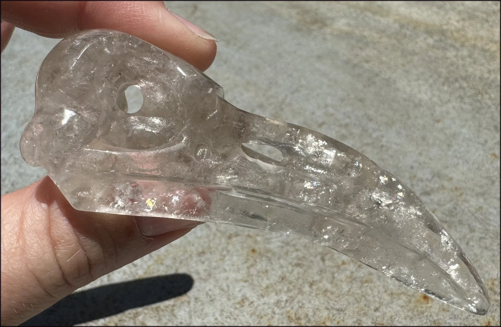 Lg. Light SMOKY QUARTZ Raven Crystal Skull with Shimmery Rainbows
