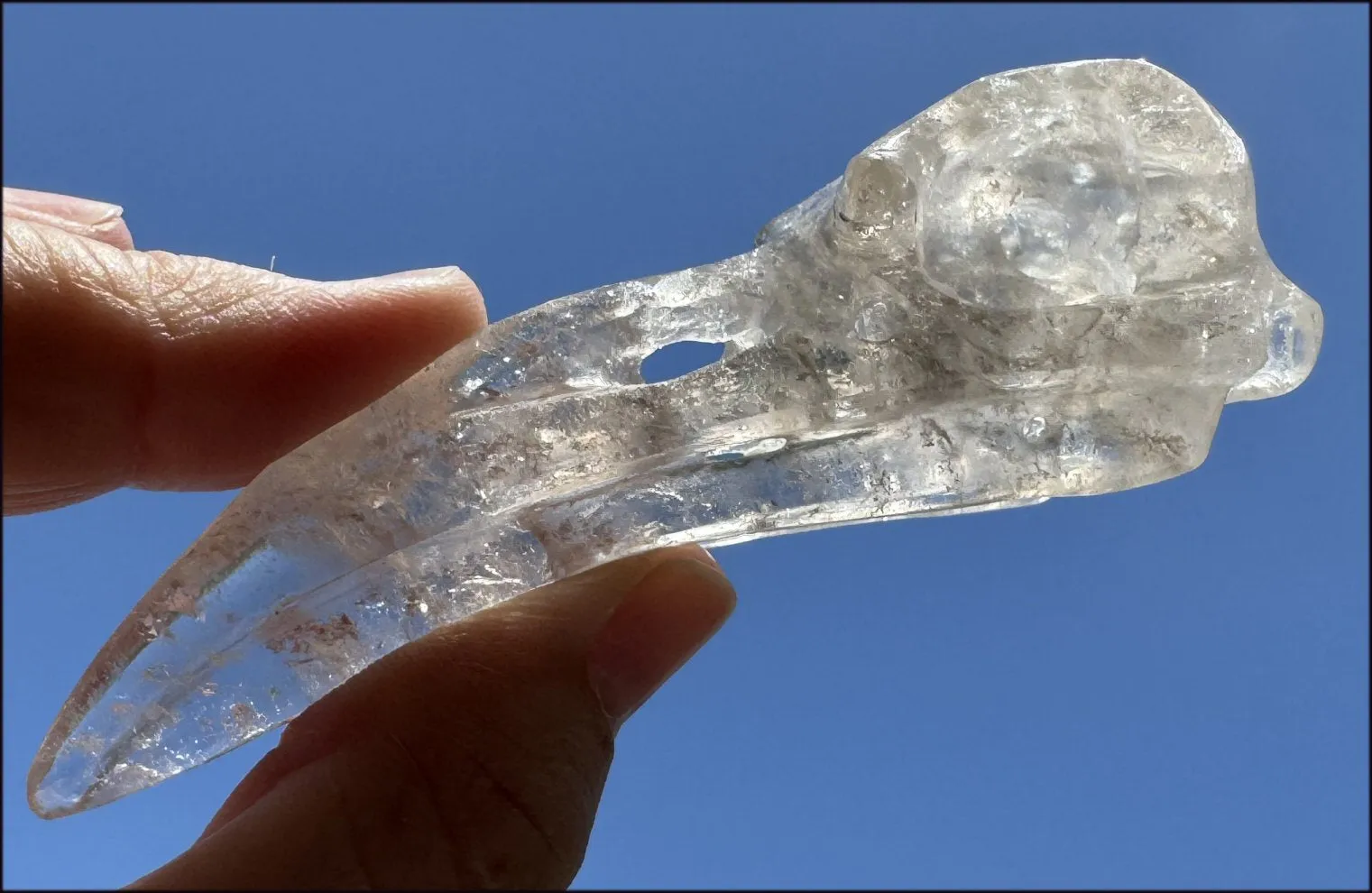 Lg. Light SMOKY QUARTZ Raven Crystal Skull with Shimmery Rainbows