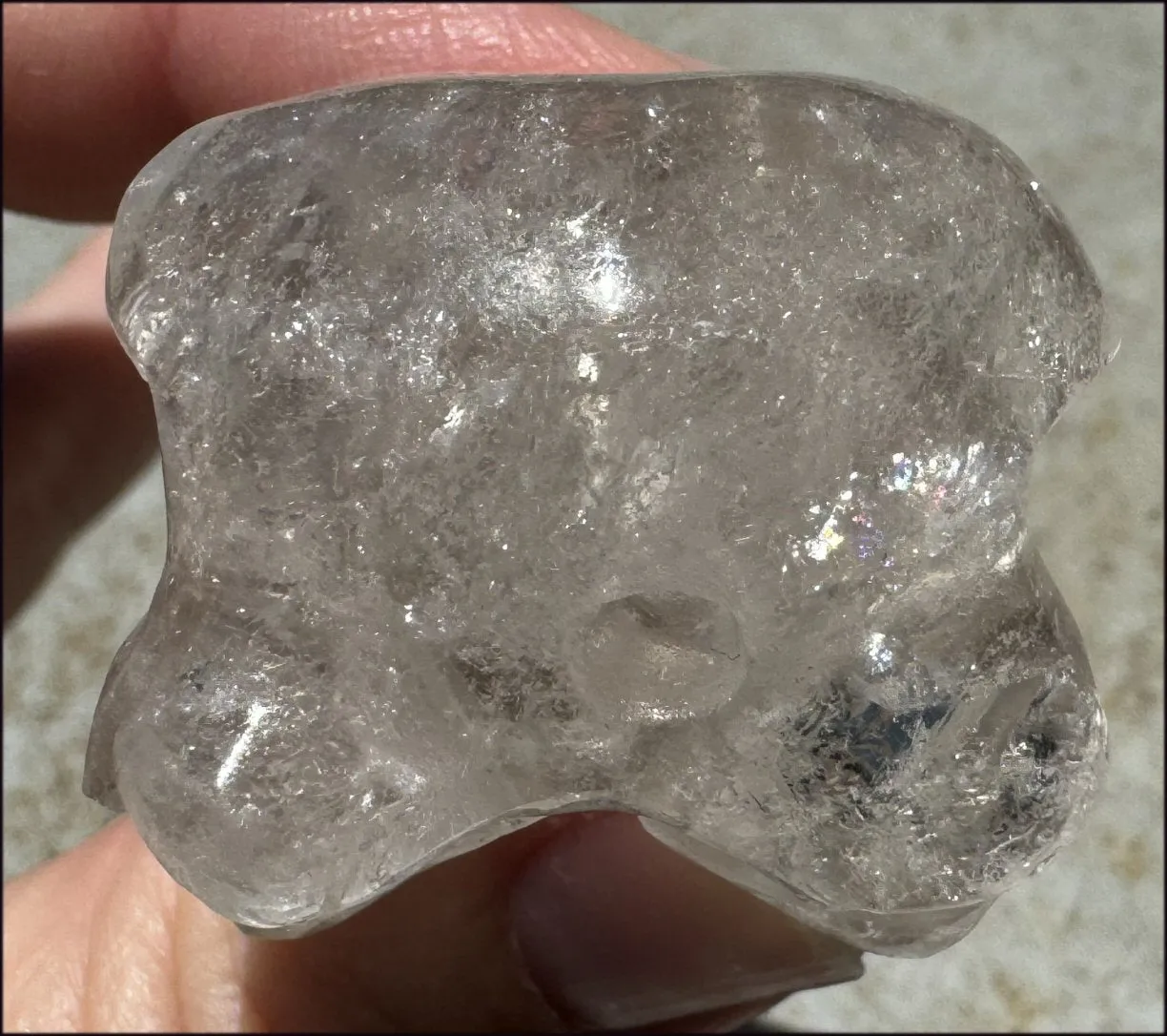 Lg. Light SMOKY QUARTZ Raven Crystal Skull with Shimmery Rainbows